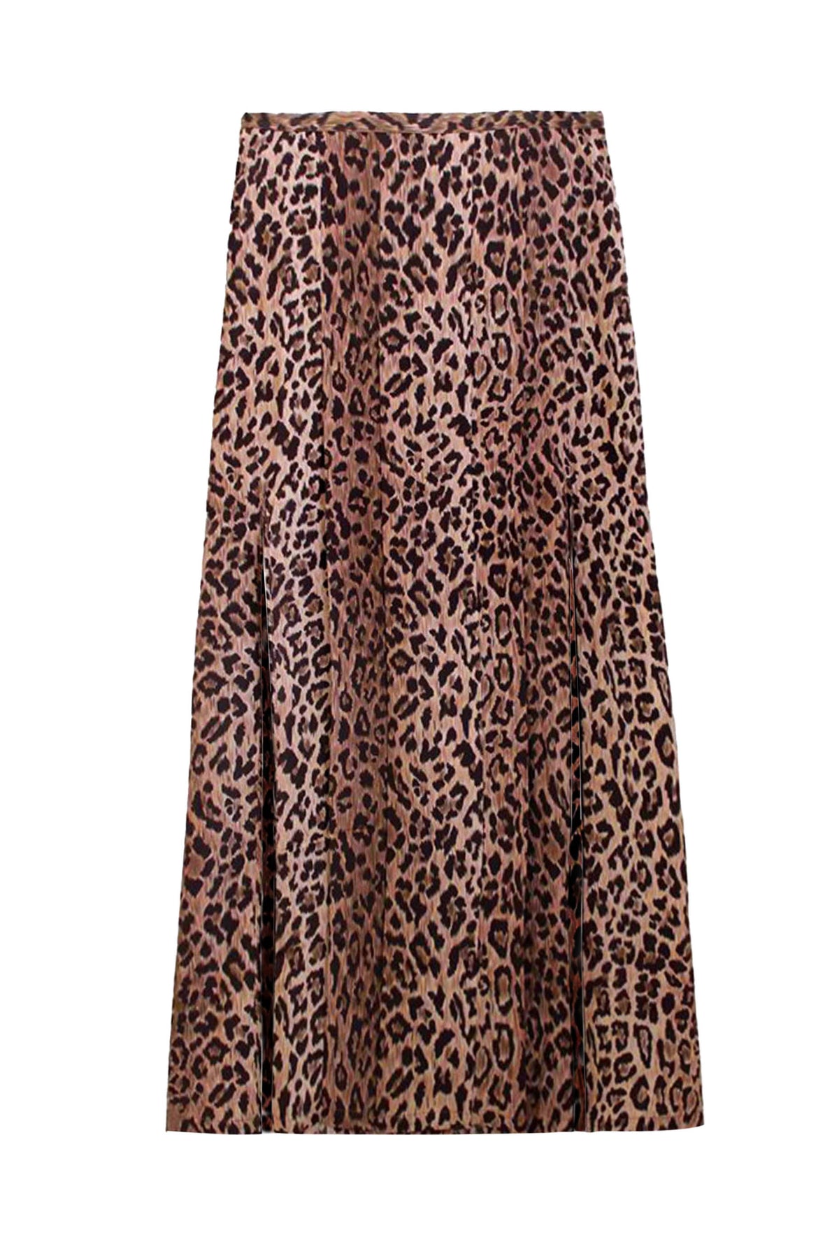 The Georgia - Leopard skirt is a knee-length, pleated style in brown and black leopard print, shown against a white background.