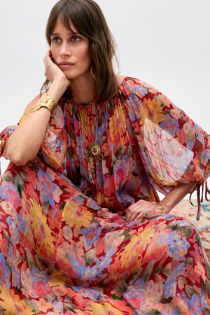 Hayden Chiffon Midi Dress in Multi Chelsea Floral Red