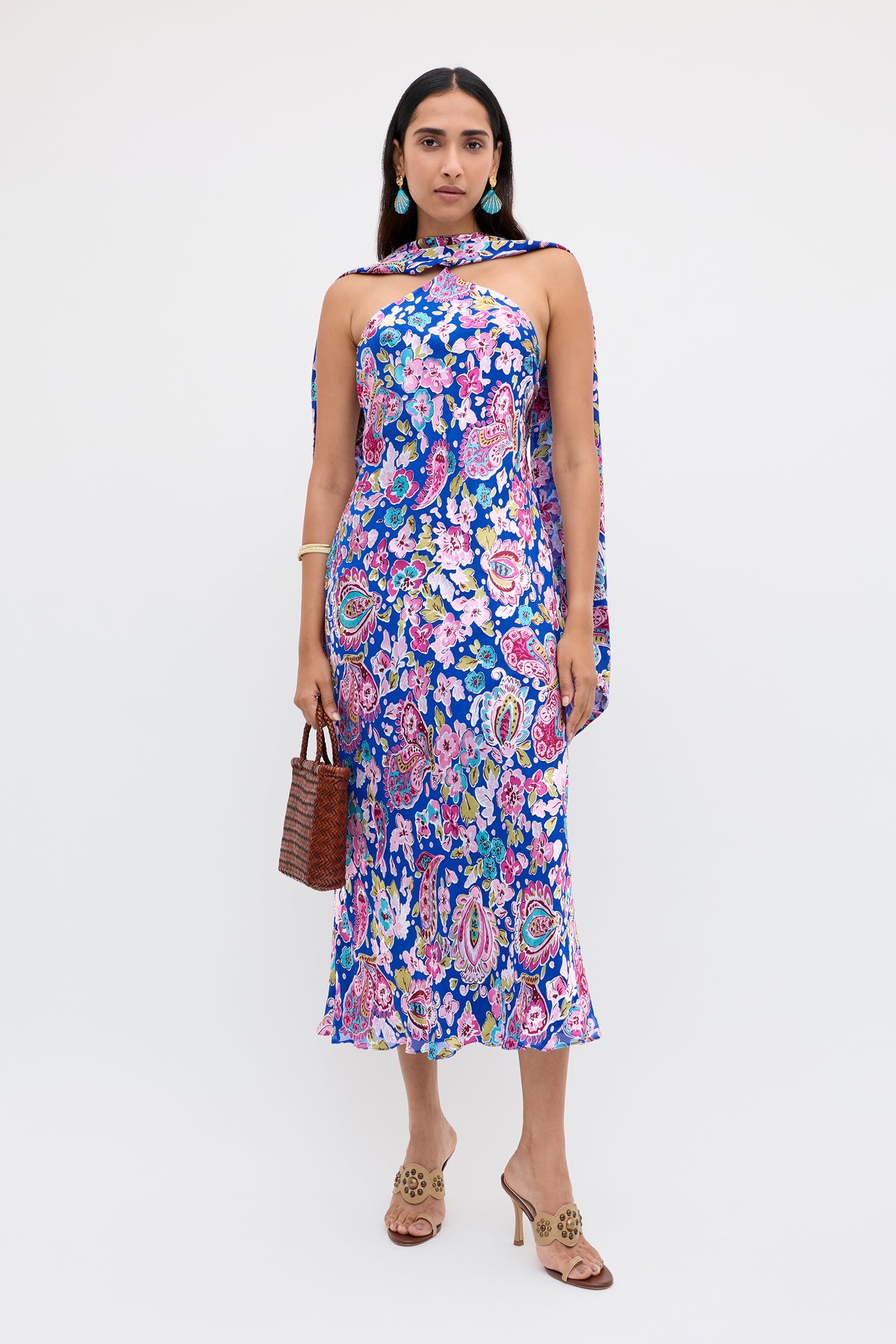 Hayley Silk-Satin Devoré Midi Dress in Cara Floral Devore Blue