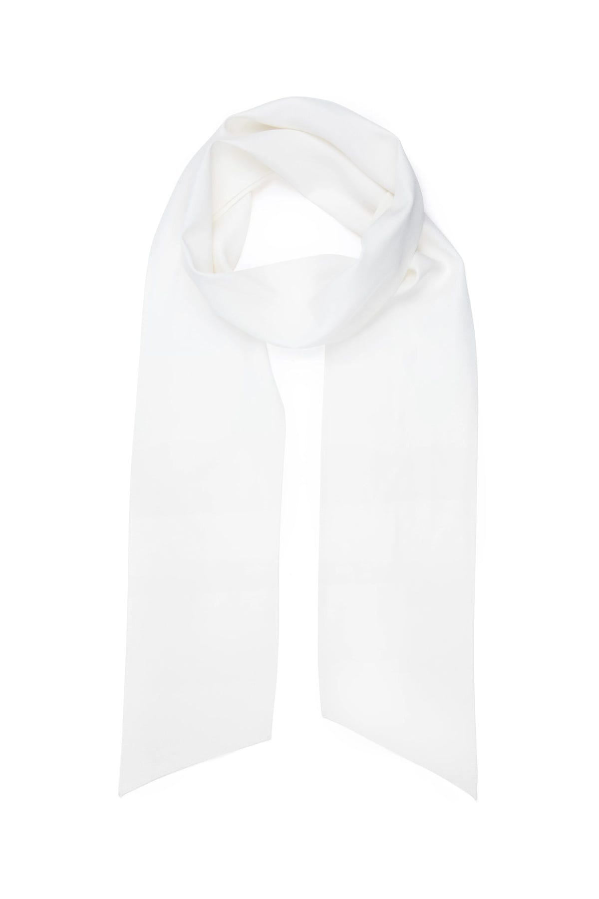 The "Hermione - Satin Back Silk Crepe" is a long, plain white scarf with pointed ends, laid flat on a white background and loosely looped at the top—an elegant bridal or wedding accessory.