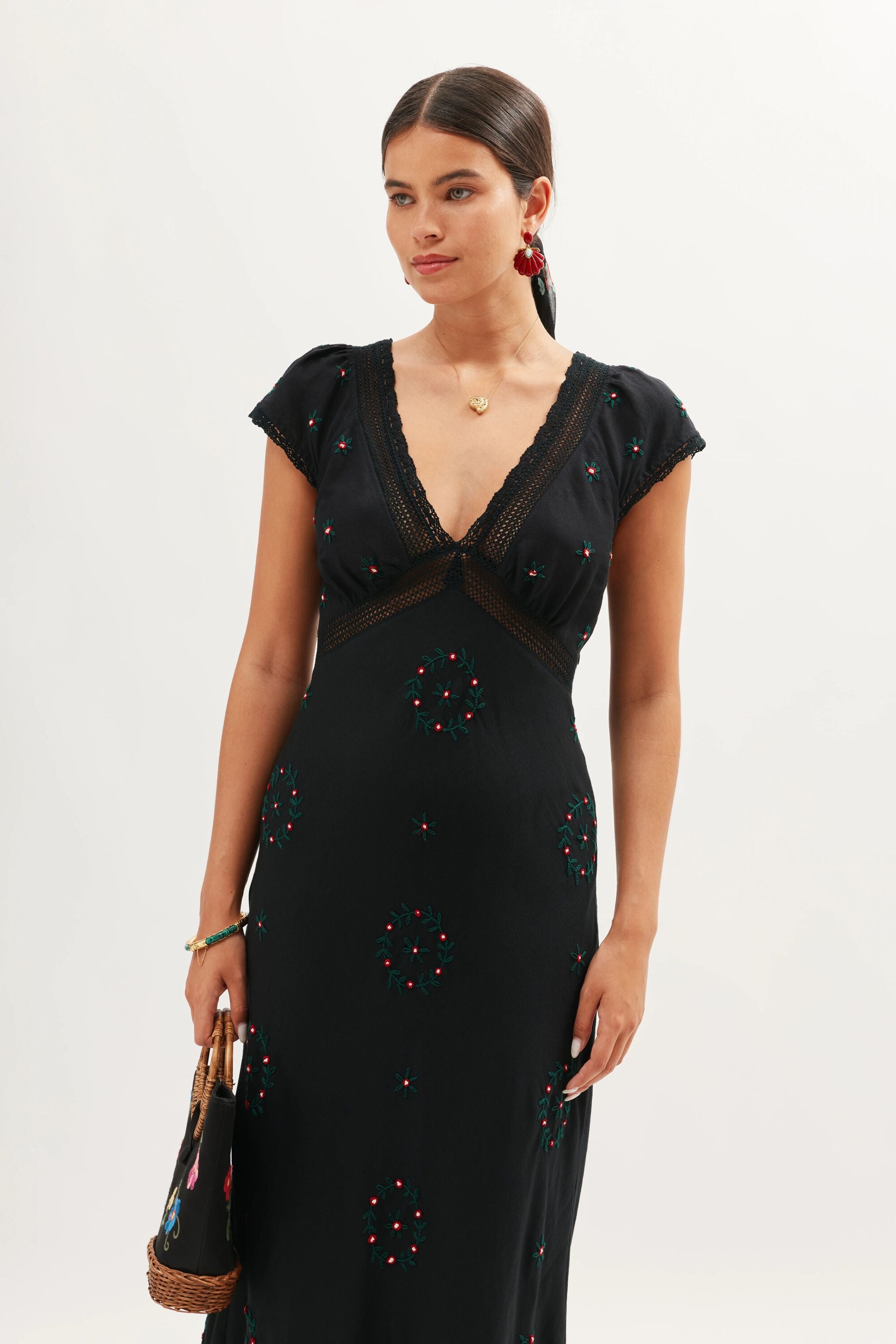 Iggy Embroidered Linen Dress in Rose Trail Embroidery Black | RIXO