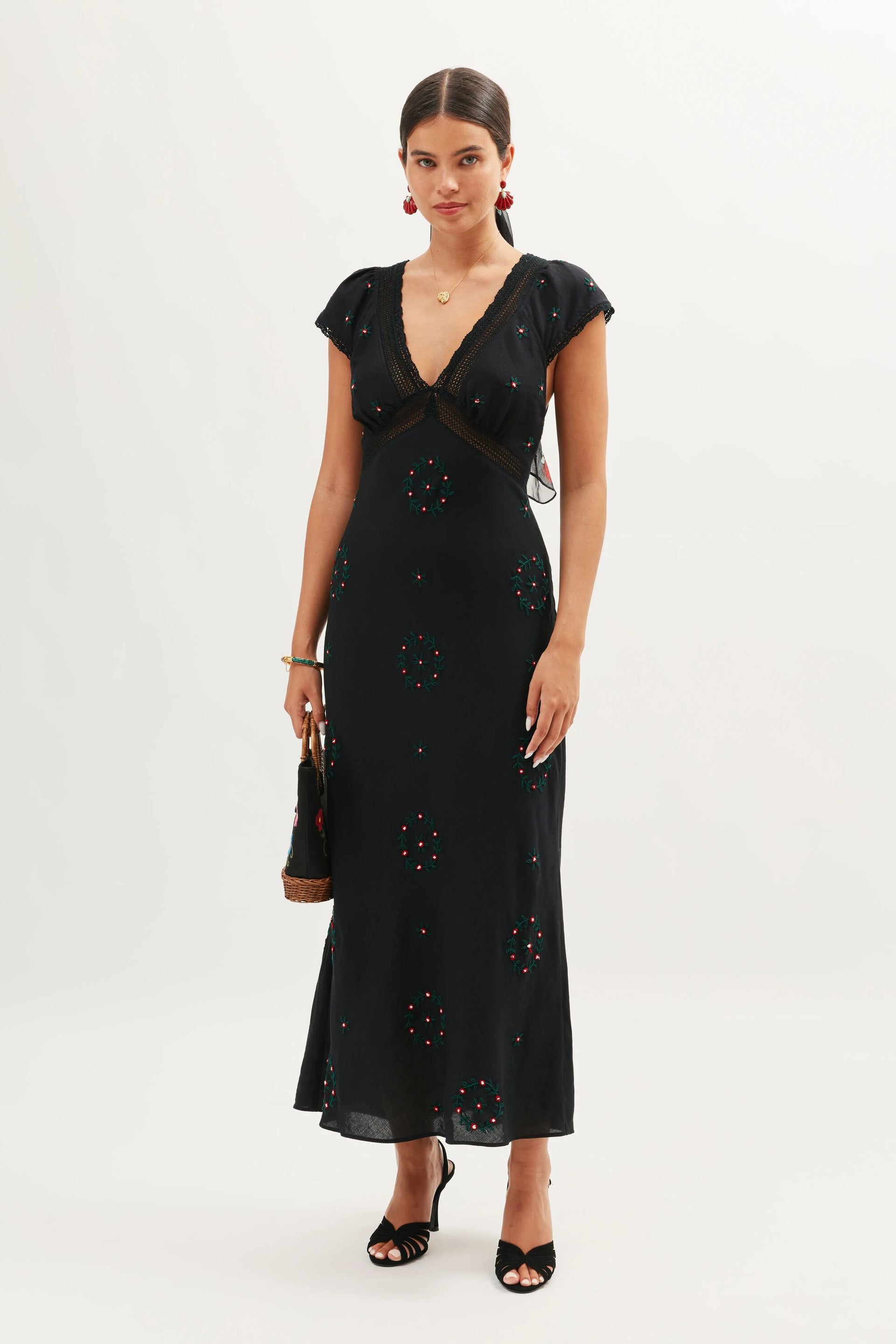 RIXO Iggy Embroidered Linen Rose Trail Embroidery Black