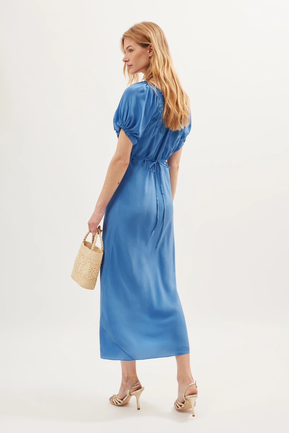 Ilaria Silk Midi Dress in Blue | RIXO USA Ilaria Silk Midi Dress in Blue | RIXO USA