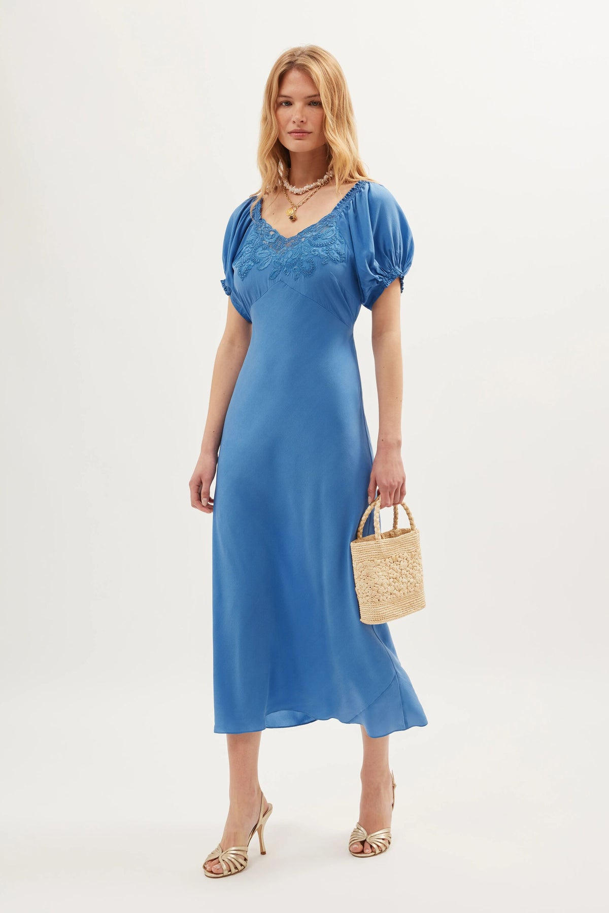Ilaria Silk Midi Dress in Blue | RIXO USA Ilaria Silk Midi Dress in Blue | RIXO USA