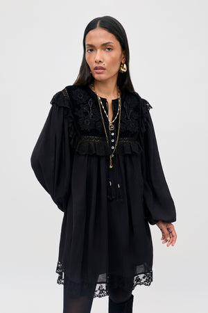Inez Velvet Embroidered Mini Dress in Lilly Embroidery Black