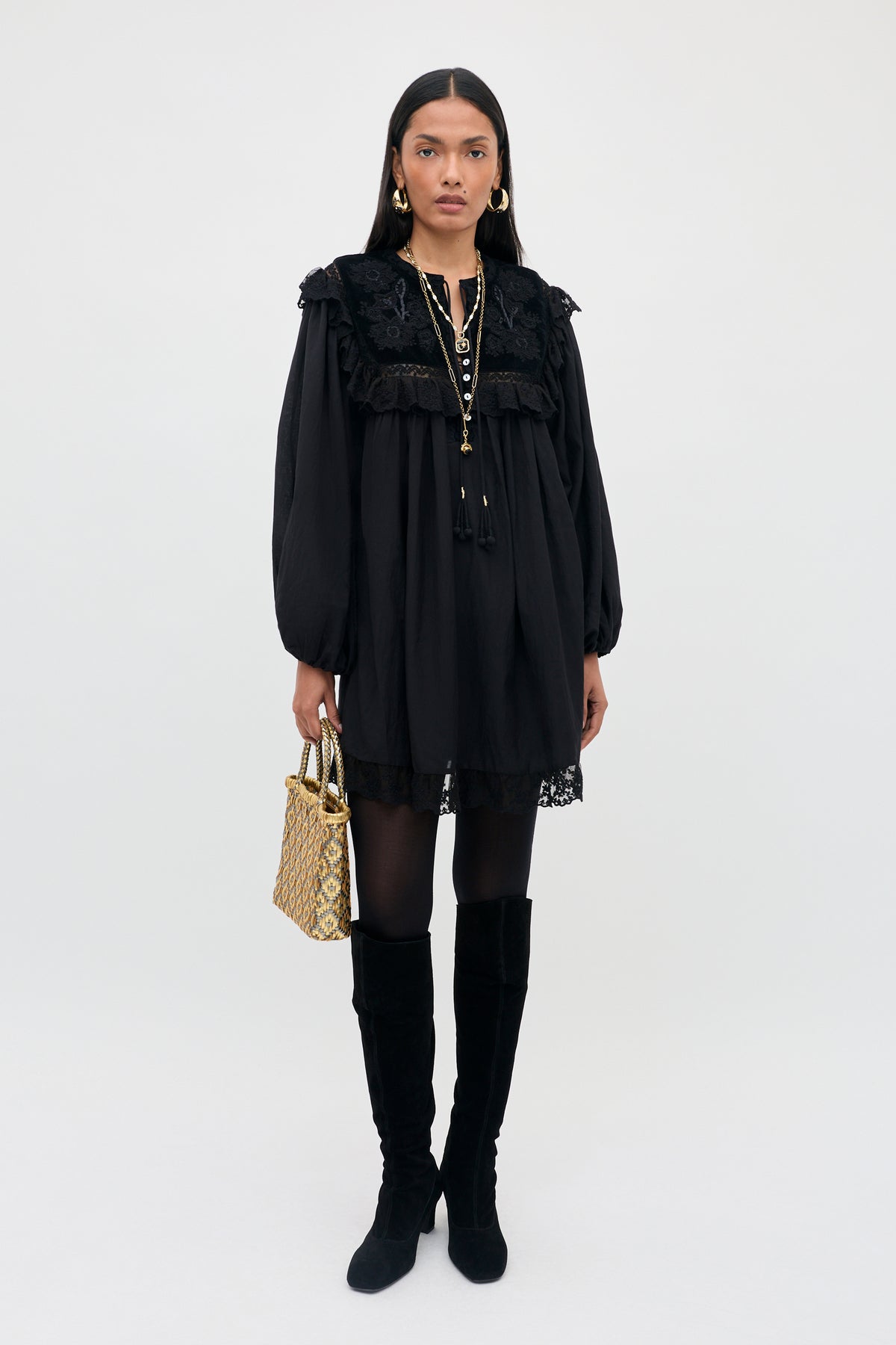 Inez Velvet Embroidered Mini Dress in Lilly Embroidery Black