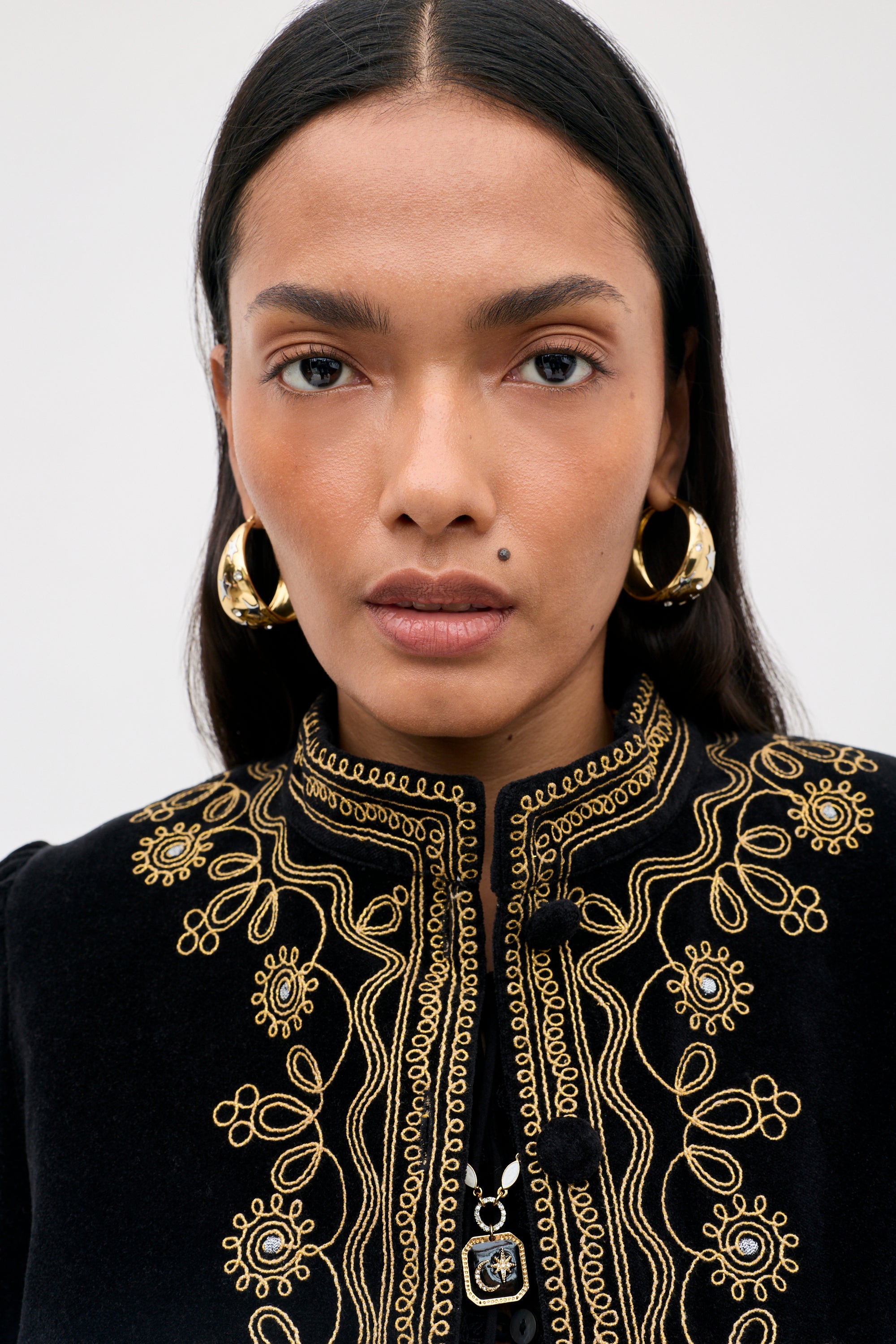 Denver Embroidered Cotton-Velvet Jacket in Black Soutache