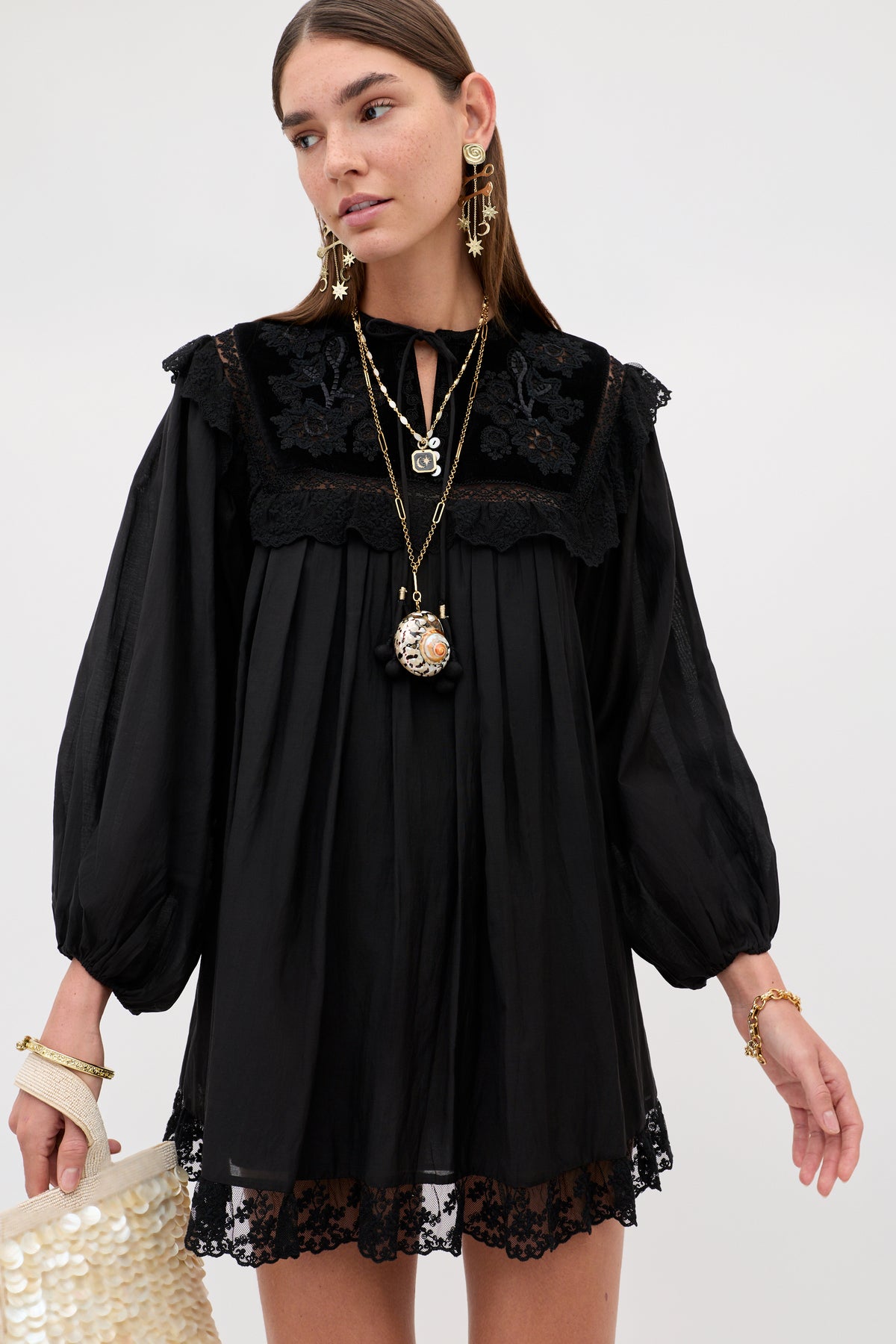 Inez Velvet Embroidered Mini Dress in Lilly Embroidery Black