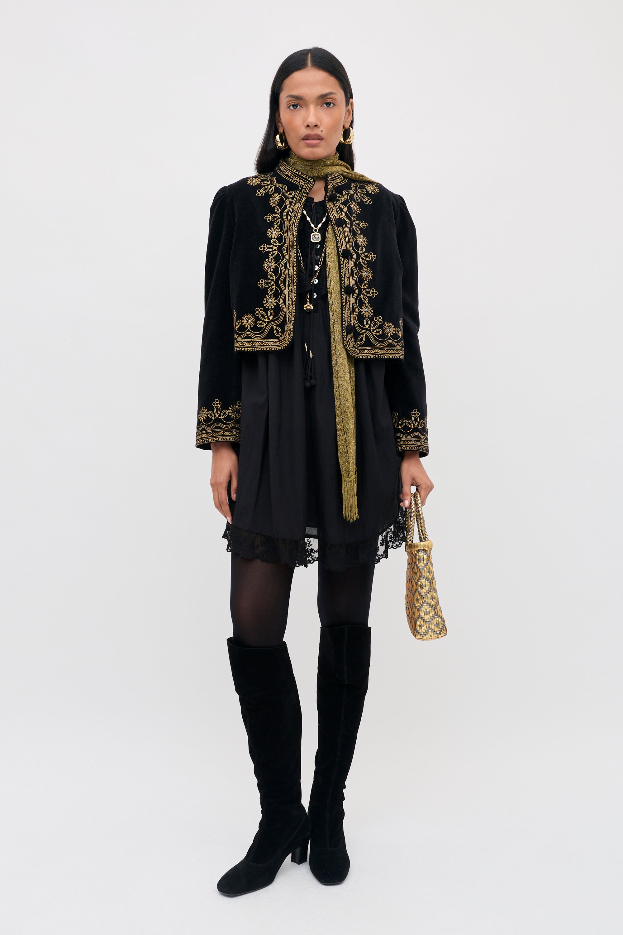 Denver Embroidered Cotton-Velvet Jacket in Black Soutache