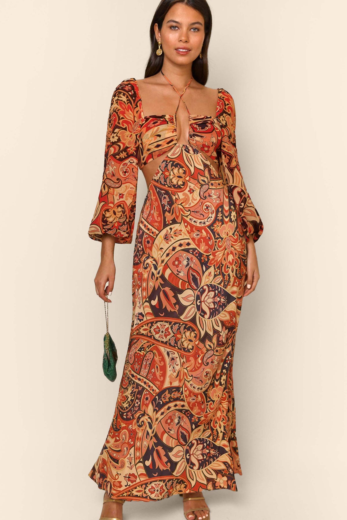Kamilla Cutout Midi Dress in Brown Grace Paisley Canyon | RIXO USA Kamilla Cutout Midi Dress in Brown Grace Paisley Canyon | RIXO USA