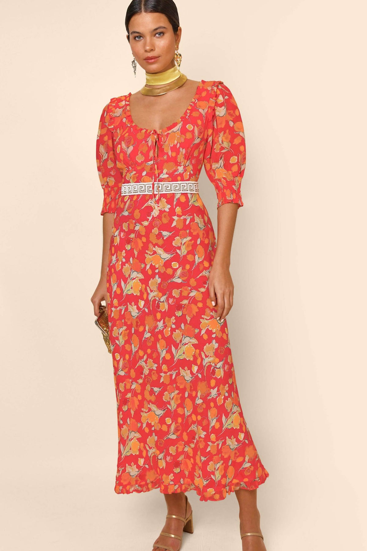 Sathya Midi Dress in Red Fontainhas Floral Coral | RIXO USA Sathya Midi Dress in Red Fontainhas Floral Coral | RIXO USA