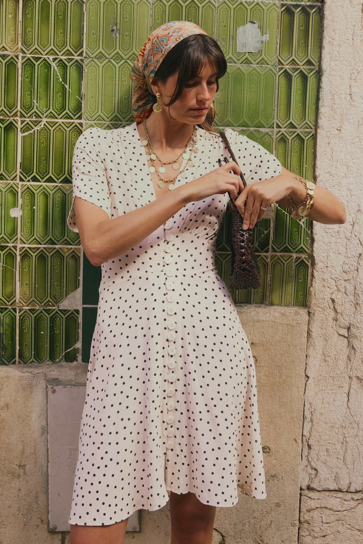 layered polka dot dress Cream Polka Dot Tiered Midi Dress self-portrait-US
