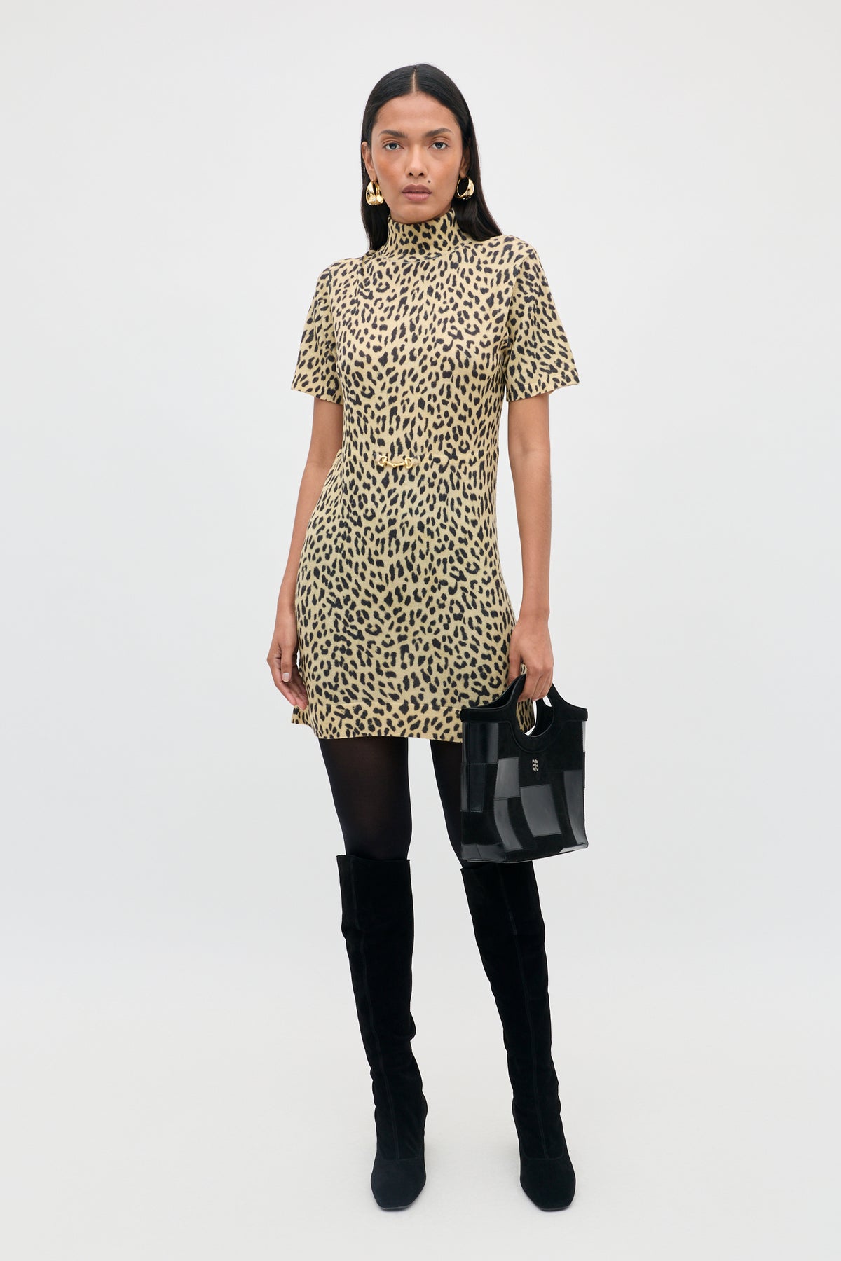 Kylie Merino Wool Mini Dress in Brown Miley Leopard Beige