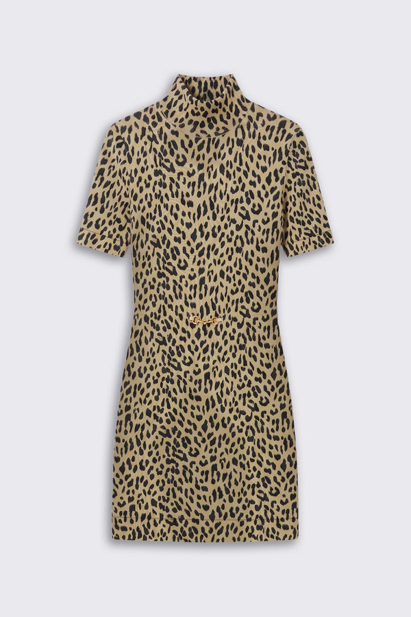 The Kylie - Miley Leopard Beige is a short-sleeve, high-neck mini dress featuring a beige background with a black leopard print pattern, displayed against a plain light gray backdrop.