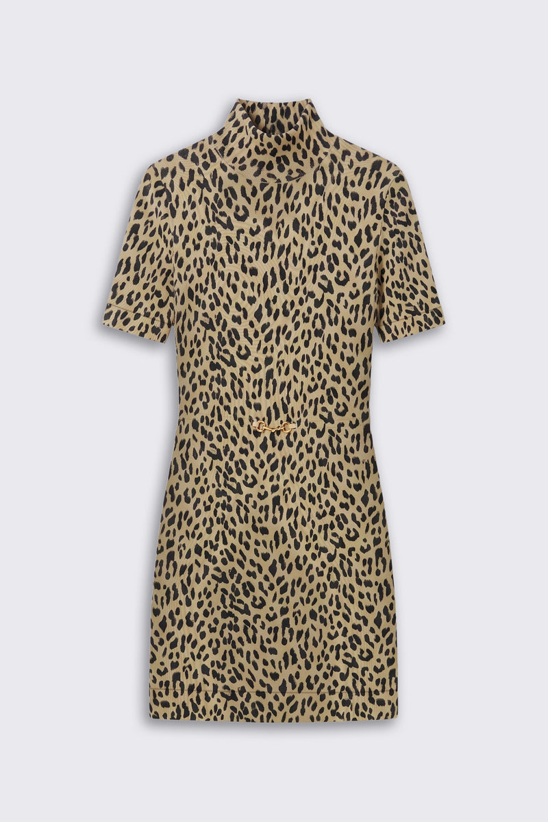 The Kylie - Miley Leopard Beige is a short-sleeve, high-neck mini dress featuring a beige background with a black leopard print pattern, displayed against a plain light gray backdrop.