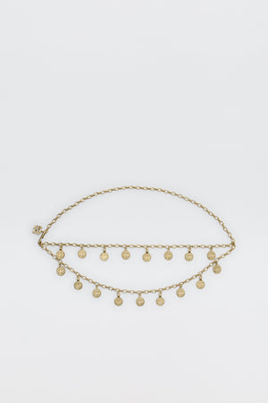 The Lita - Gold is a two-row chain belt featuring evenly spaced small round coin charms, shown against a plain white background.