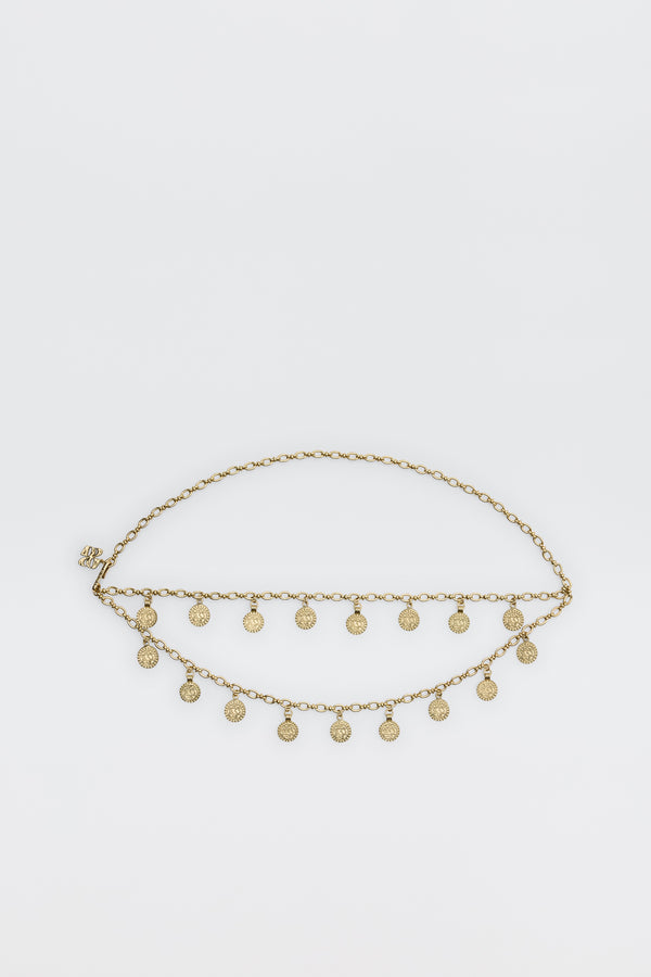 The Lita - Gold is a two-row chain belt featuring evenly spaced small round coin charms, shown against a plain white background.