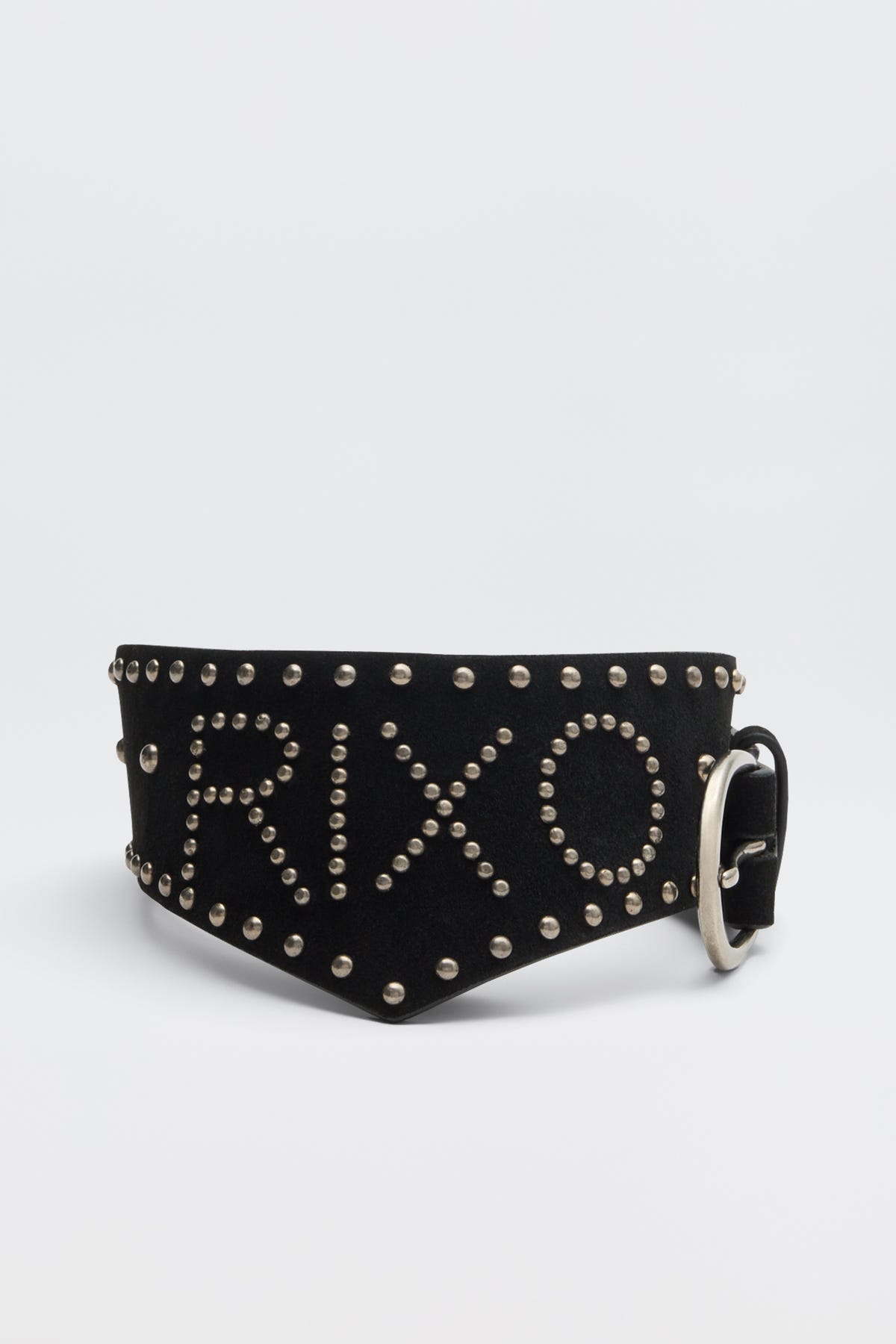 Introducing the Lorelei - Black: a wide black belt accented with silver studs that spell out RIXO and trace the edges, finished with a large silver buckle set on the right side.