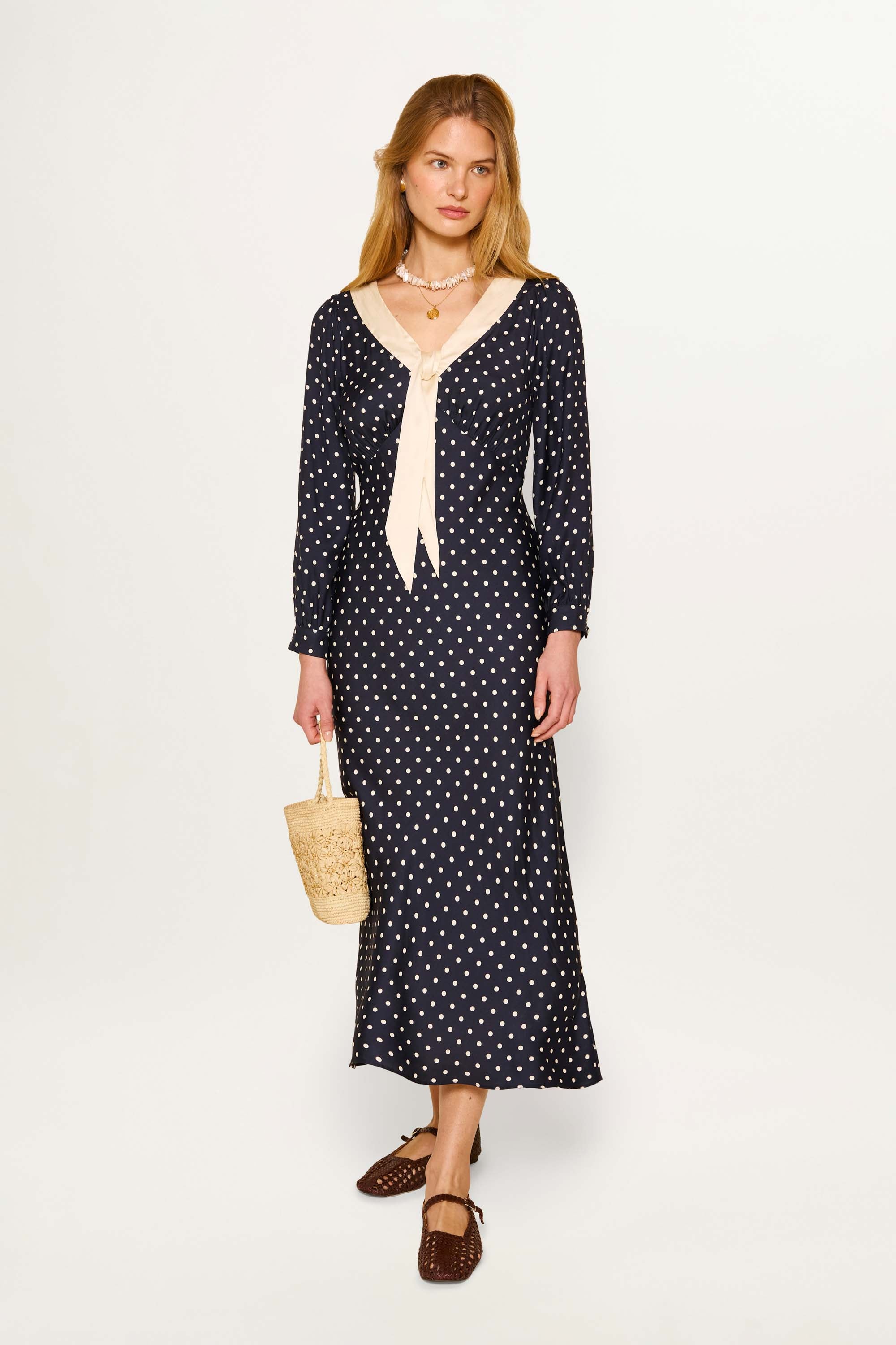 Lotta Midi Dress in Polka Dot Deep Navy