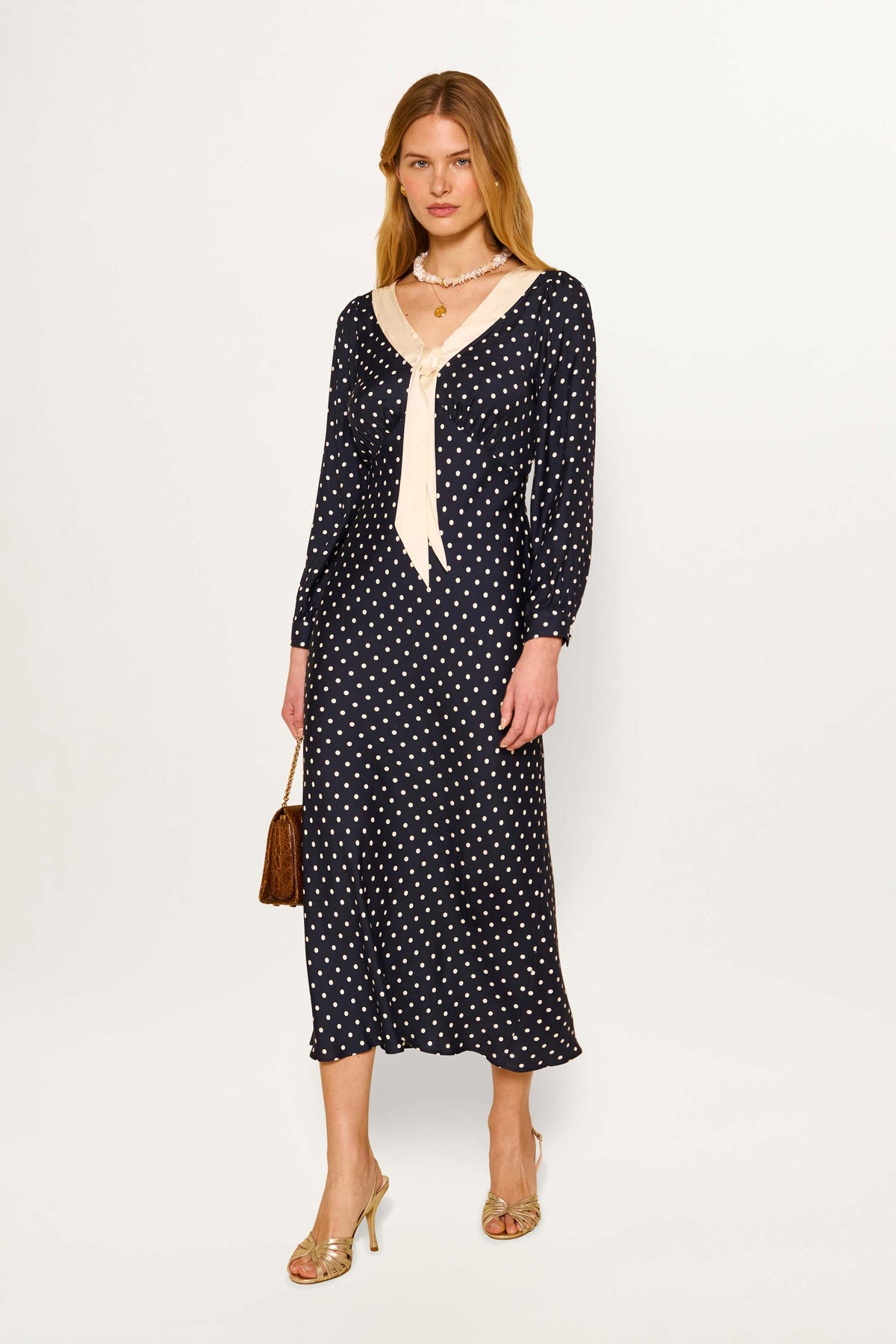 Lotta Midi Dress in Polka Dot Deep Navy | RIXO USA Lotta Midi Dress in Polka Dot Deep Navy | RIXO USA