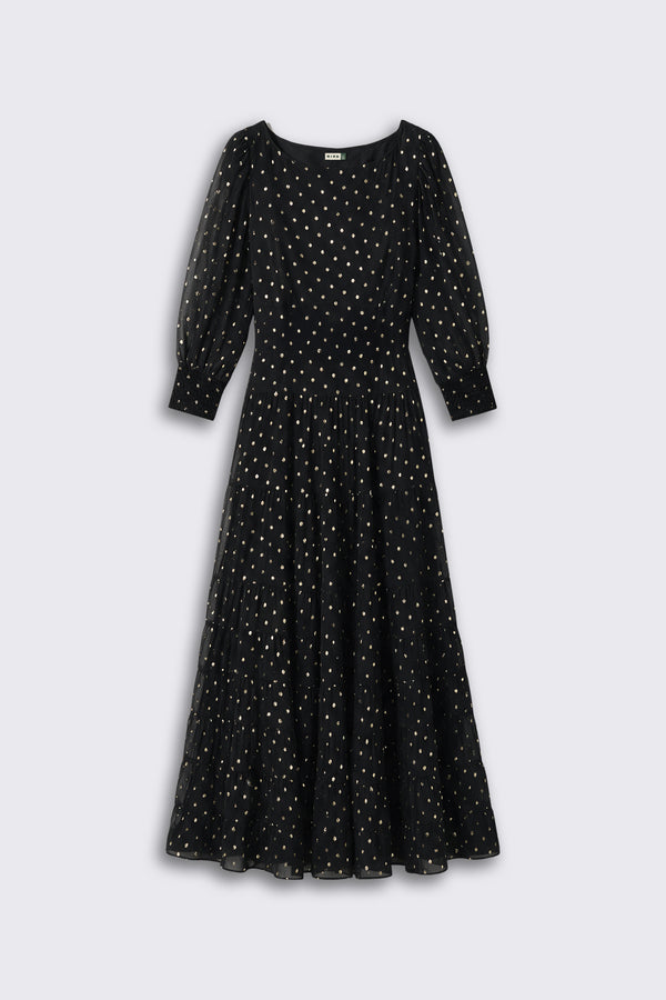 Lucina - Gold Spot Black midi dress with sheer sleeves and a gold polka dot pattern.
