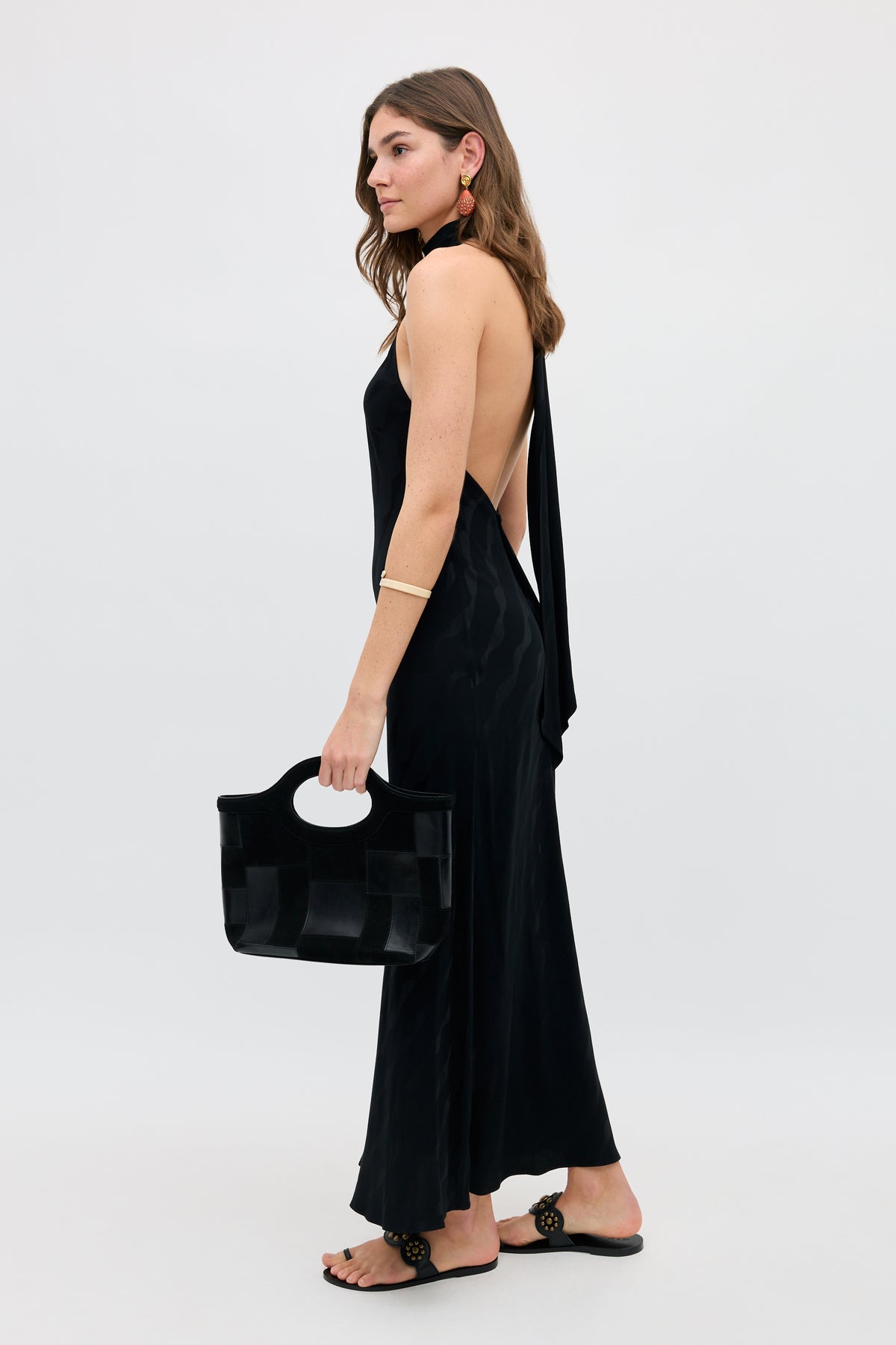 Maura Satin Jacquard Midi Dress in Wave Jacquard Black | RIXO USA Maura Satin Jacquard Midi Dress in Wave Jacquard Black | RIXO USA