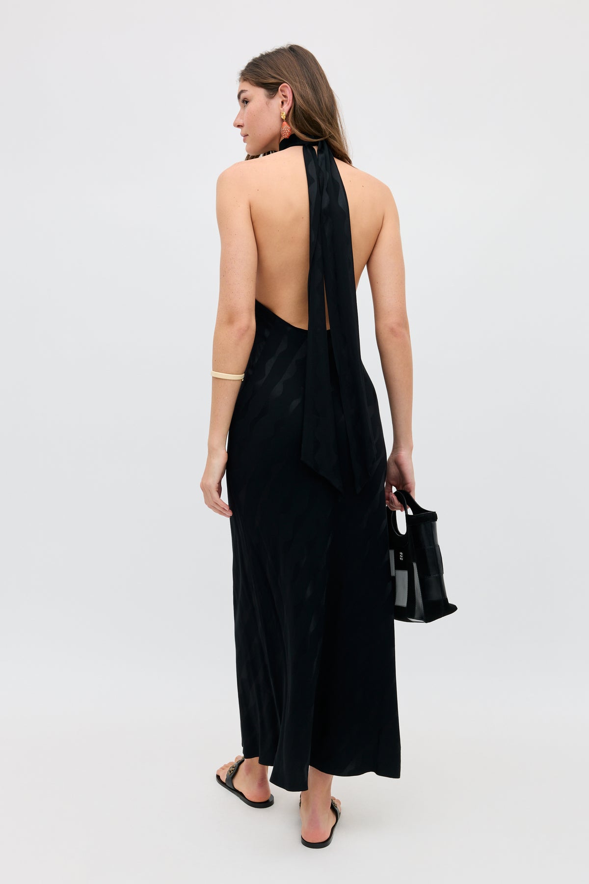 Maura Satin Jacquard Midi Dress in Wave Jacquard Black Maura Satin Jacquard Midi Dress in Wave Jacquard Black