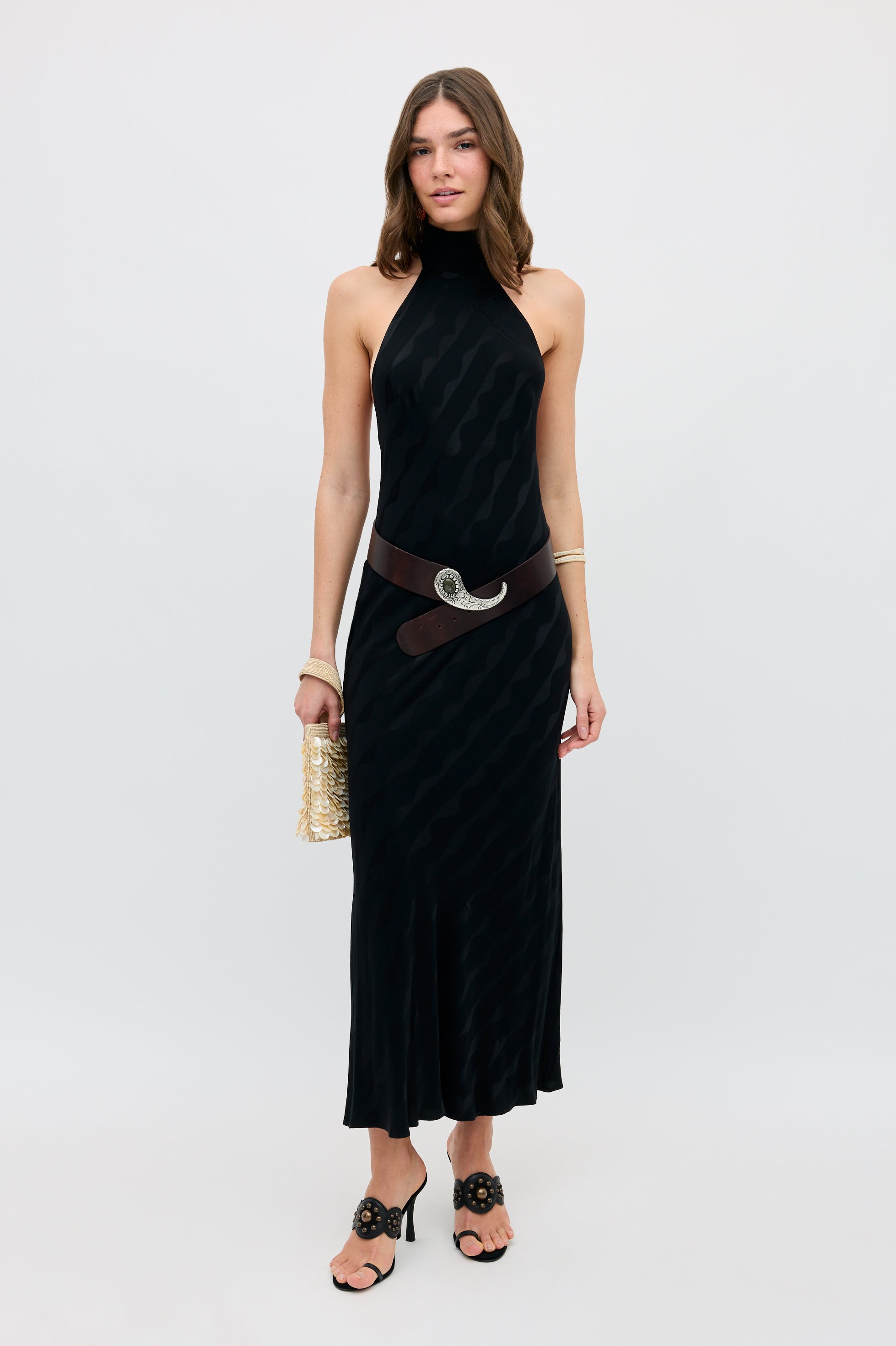 Maura Satin Jacquard Midi Dress in Wave Jacquard Black | RIXO USA ⋆