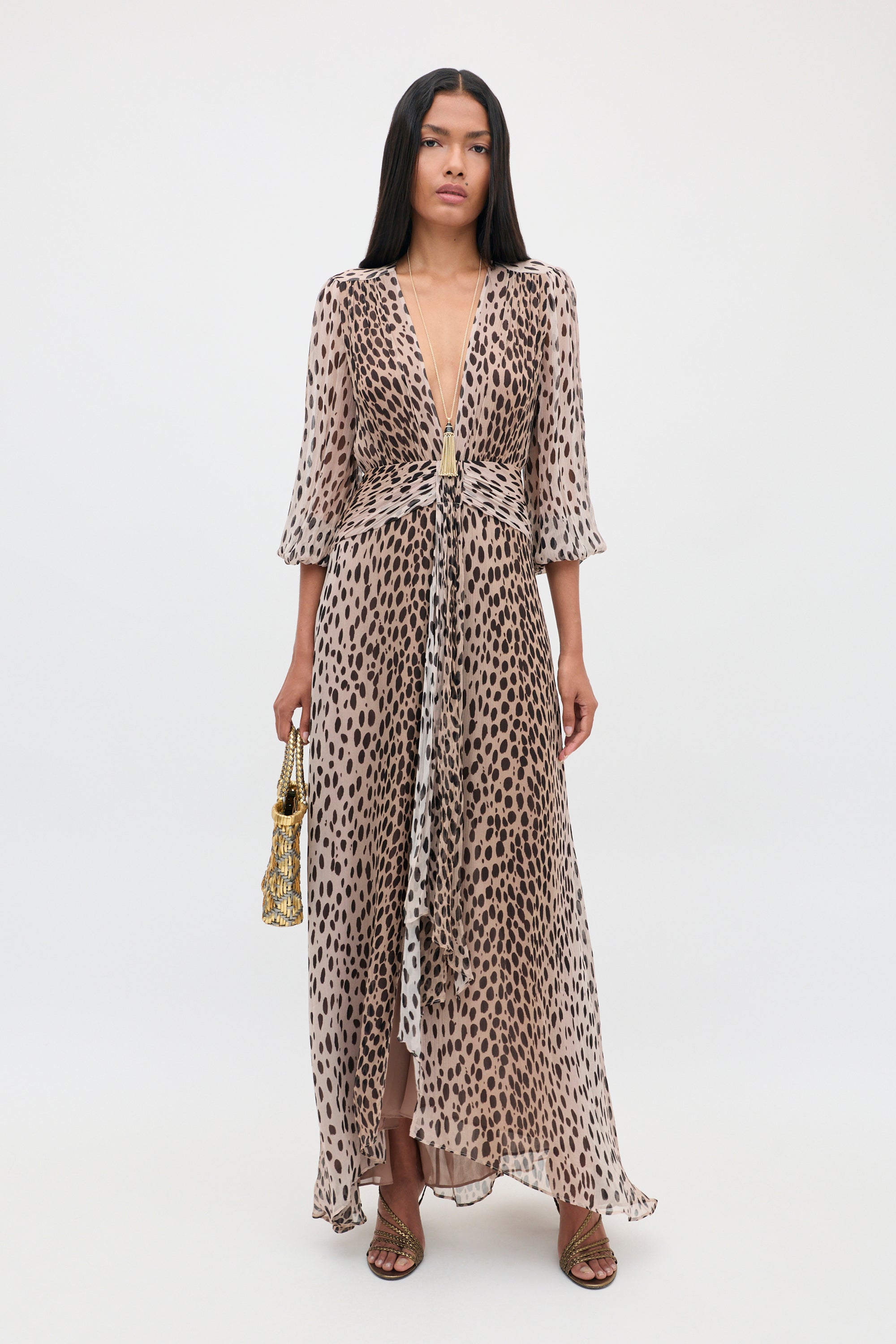 Meera Chiffon Gown in Brown Antelope Spot Black | RIXO USA ⋆