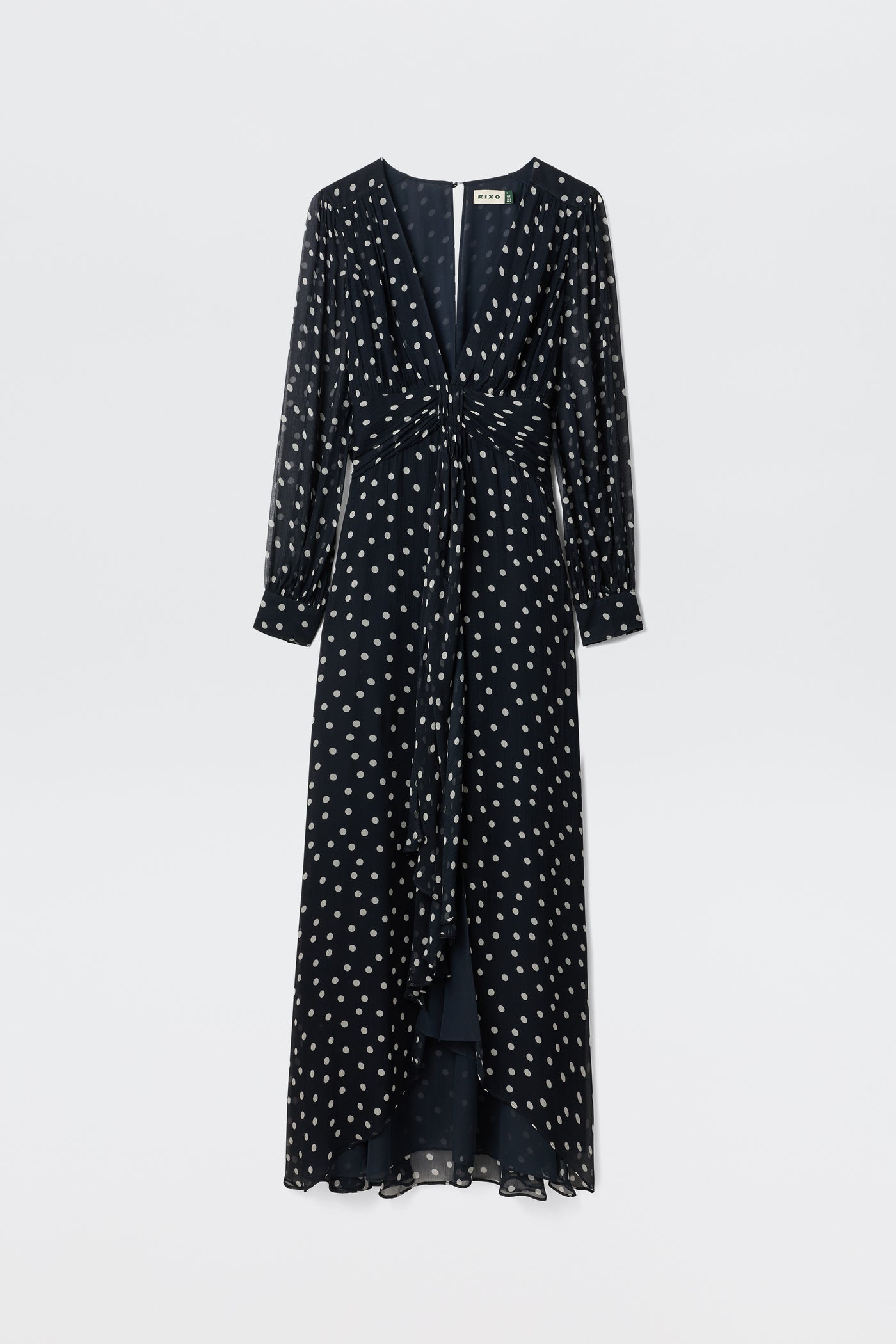 rixo long sleeve dress RIXO Meera Chiffon Gown Bohemia Spot Deep Navy