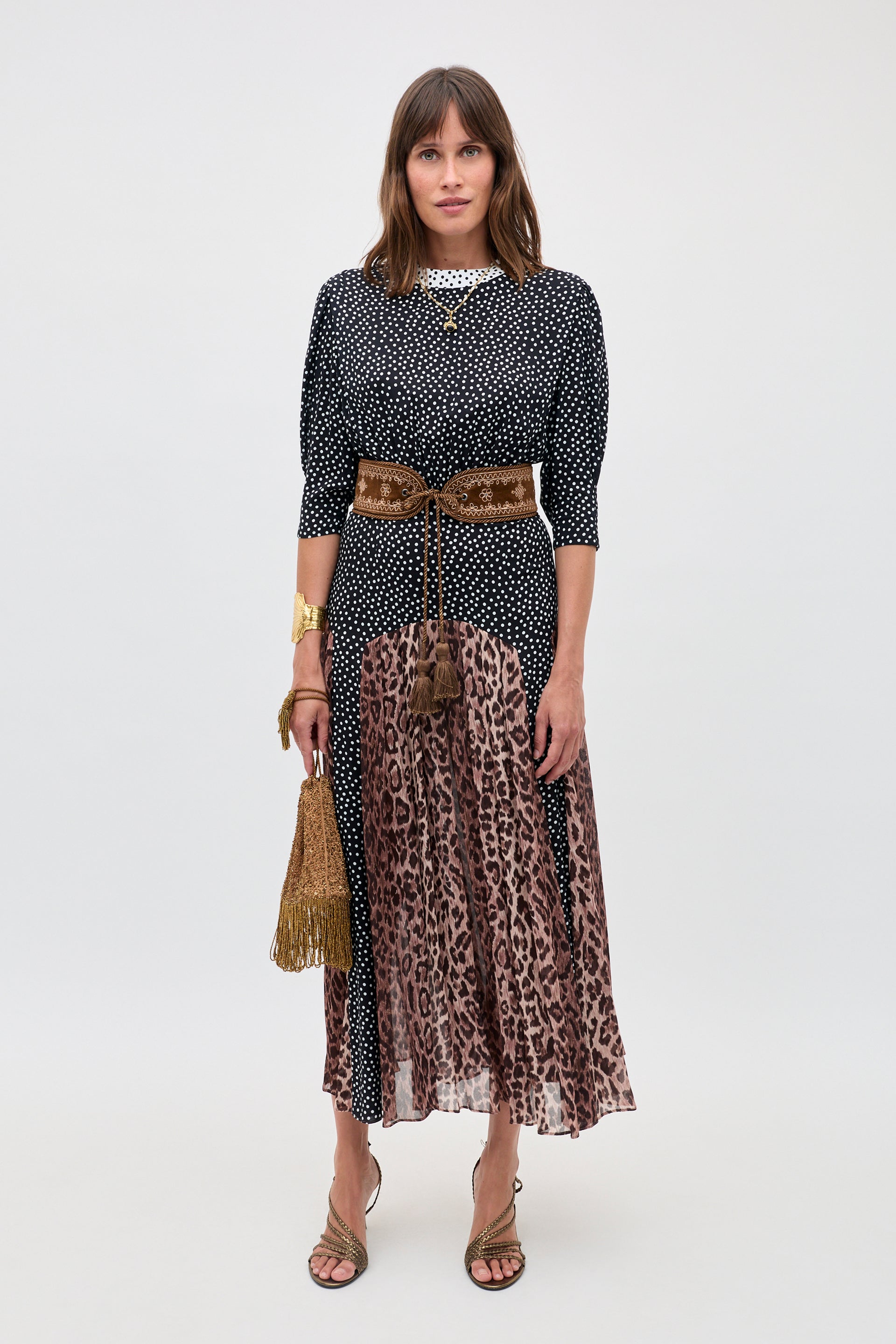 Meg Leopard Midi Dress in Black Leopard Polka Dot | RIXO USA