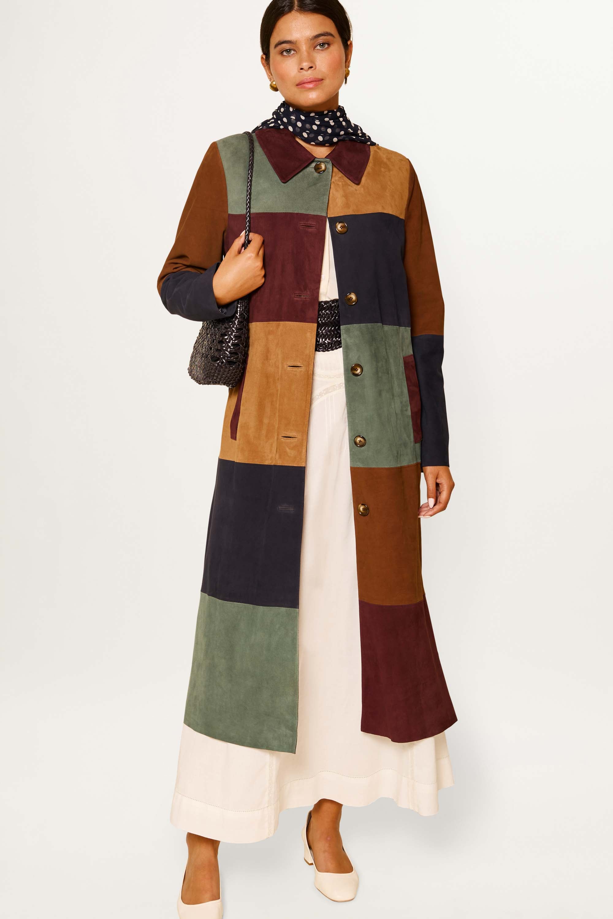 Milly Ruffle Coat Milly Suede Coat in Brown Patchwork Tan | RIXO ⋆