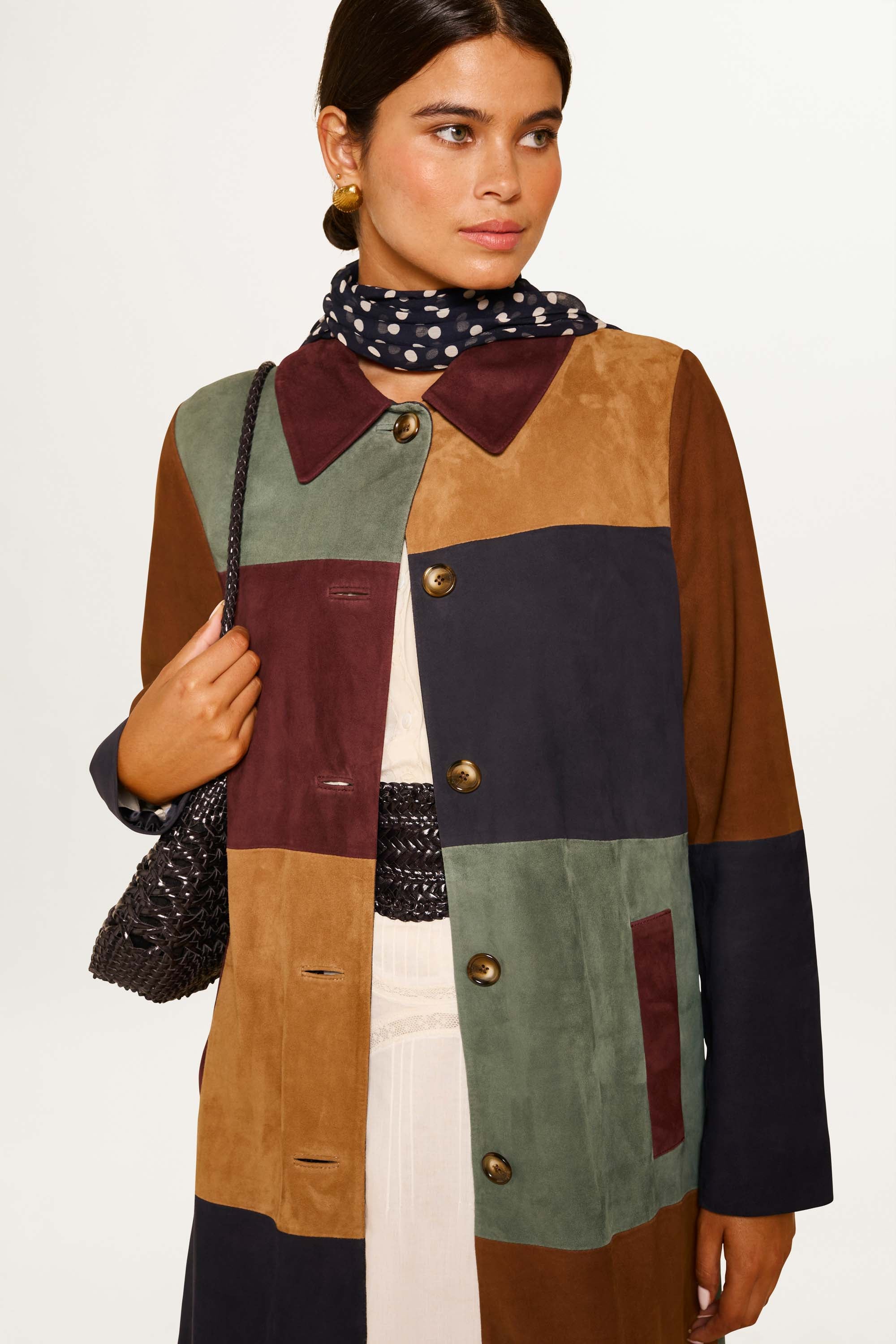 Milly Ruffle Coat Milly Suede Coat in Brown Patchwork Tan
