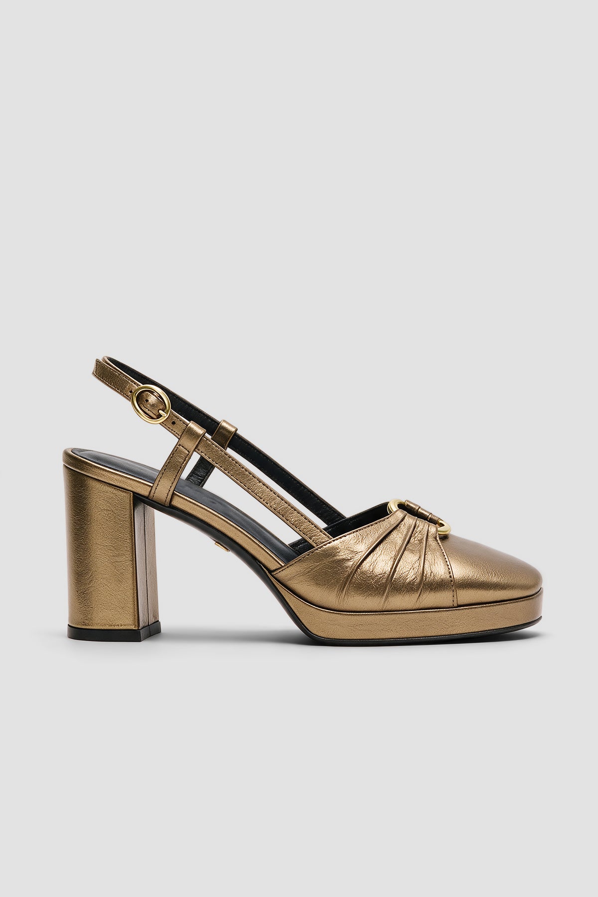 Moreen - Dark Gold slingback block heel featuring a metallic finish, a buckled strap, and ruched detail at the toe.