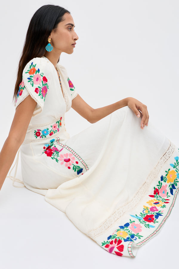 Novara Embroidered Linen Midi Dress in Anemone Embroidery Cream | RIXO USA Novara Embroidered Linen Midi Dress in Anemone Embroidery Cream | RIXO USA