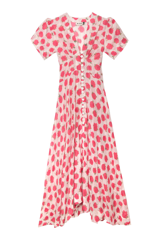 The Novara - Vintage Rose Ivory is a short-sleeved, v-neck midi dress in white with pink and red polka dots, floral lace accents, front buttons, and a flared hem—perfect for channeling the Summer of Love.