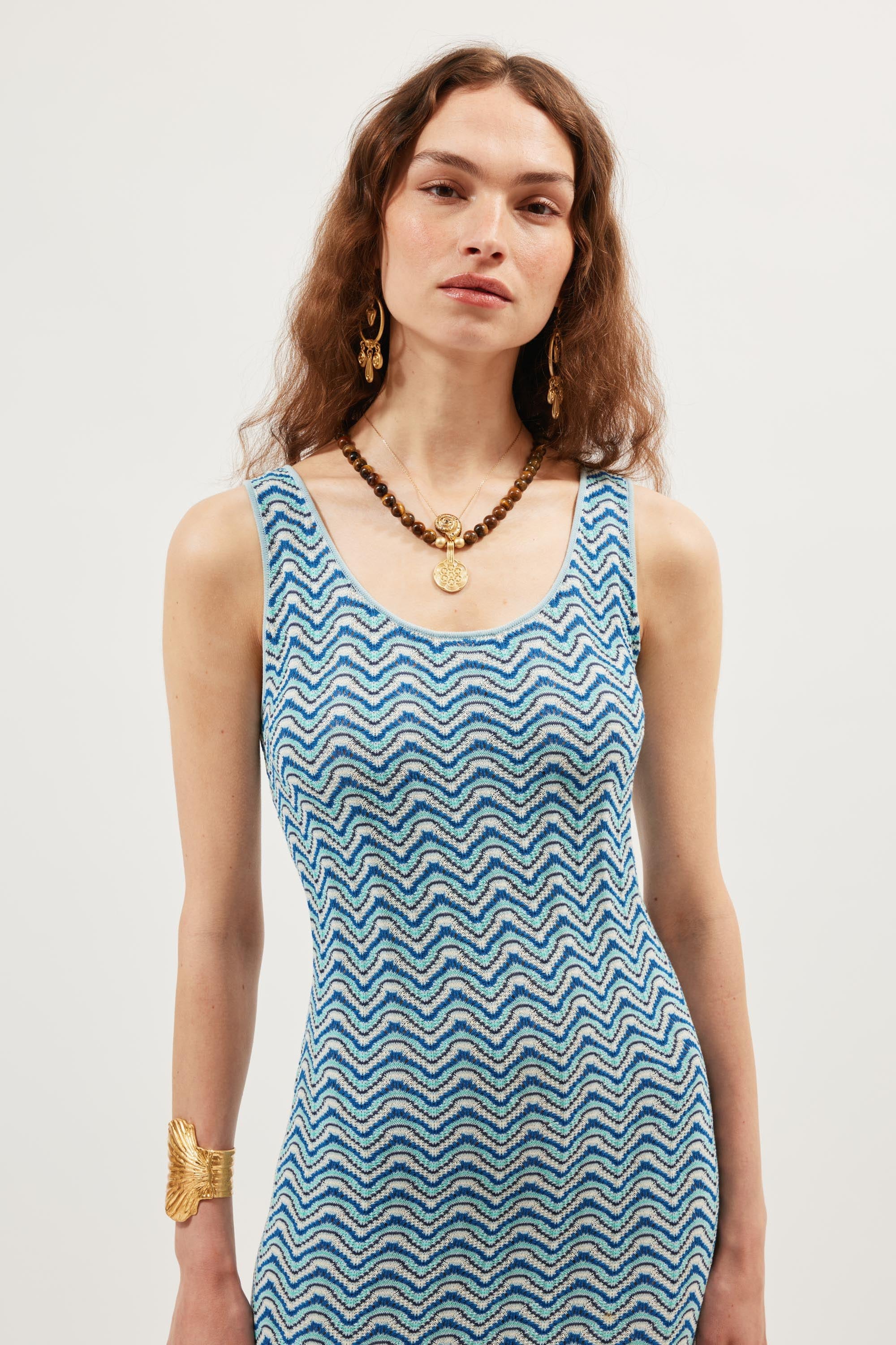 Bondi Midi Dress in Shell Wave Yarn Dyed Blue