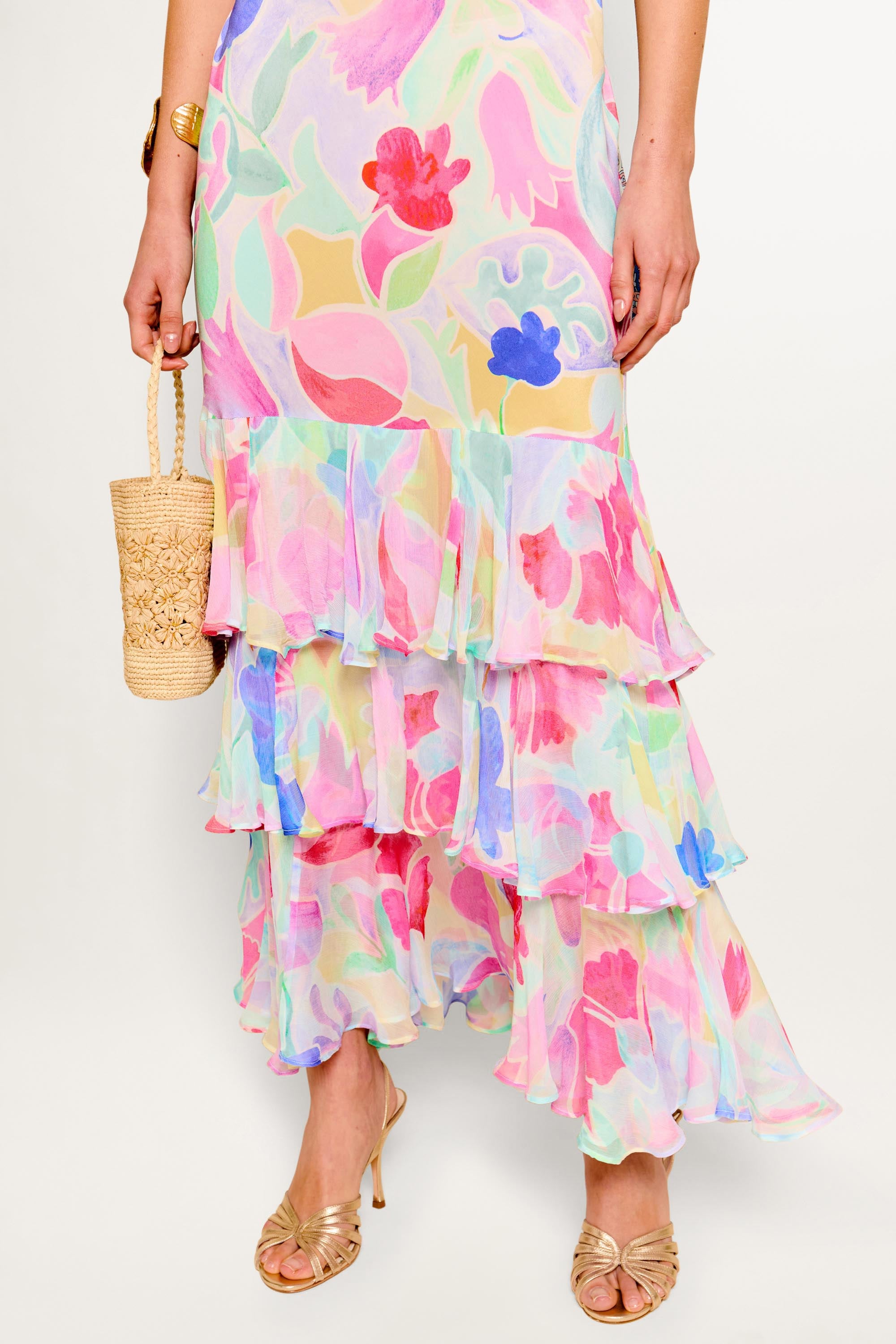 Amelle Silk Gown in Multi Abstract Tulip Ivory | RIXO USA ⋆