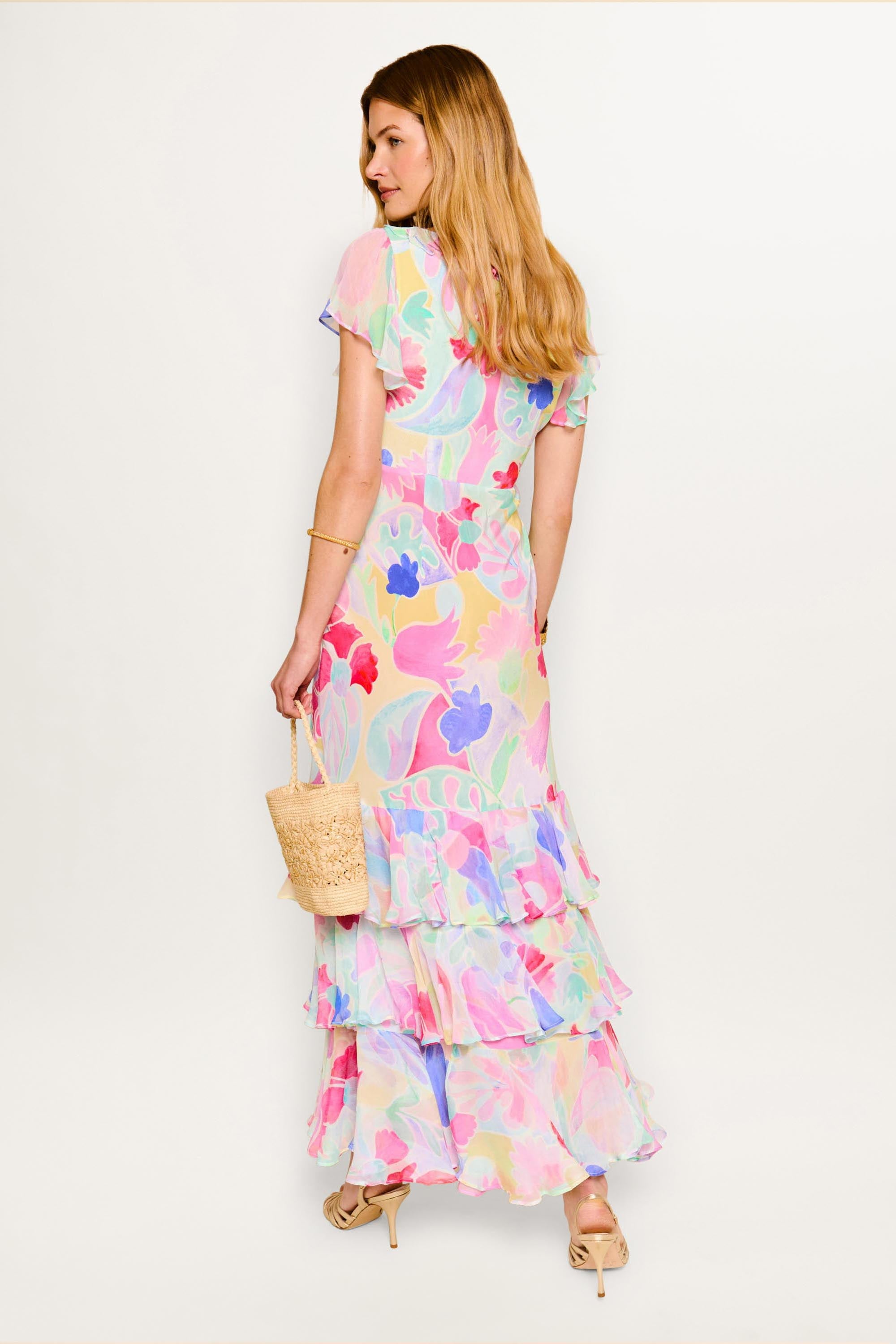 Amelle Silk Gown in Multi Abstract Tulip Ivory