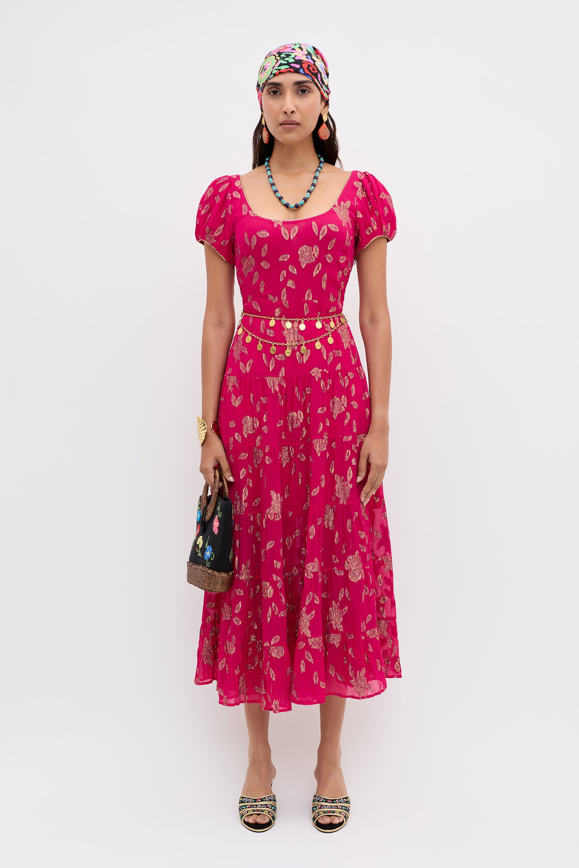 Remi Lurex Jacquard Midi Dress in Floral Spark Jacquard Magenta