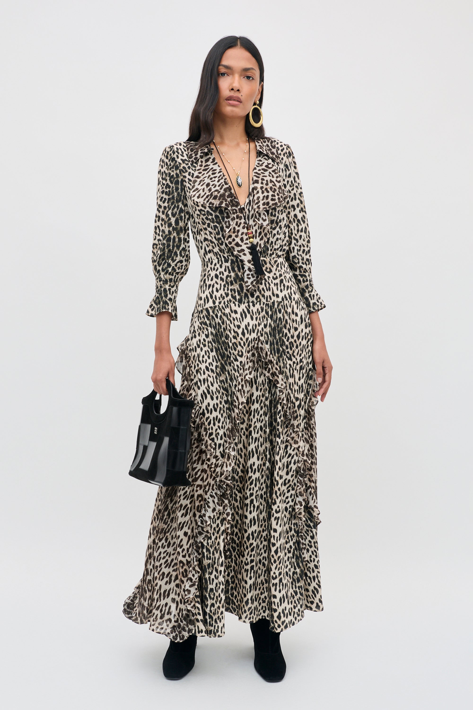 Rosanna Crepe de Chine Midi Dress in Brown Nina Leopard Mocha