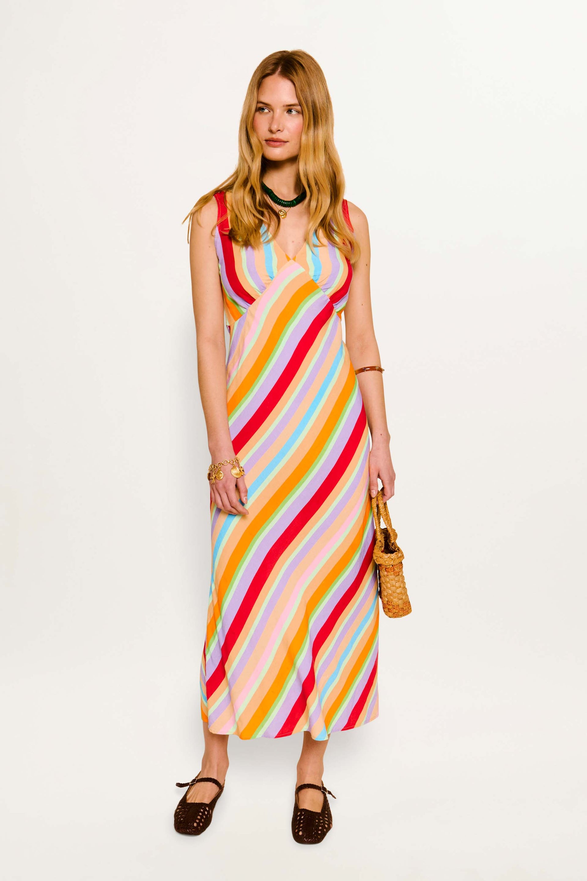 white christmas dresses Sandrine Linen-Blend Midi Dress in Capri Stripe Multi
