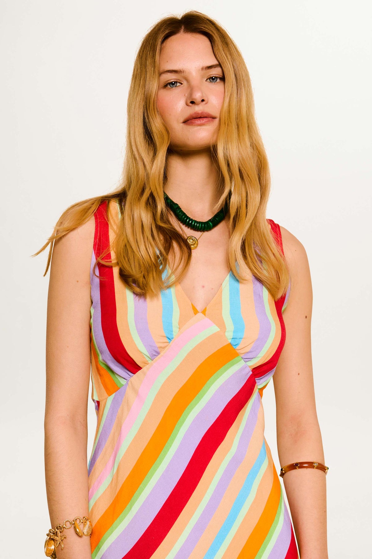 Sandrine Linen-Blend Midi Dress in Capri Stripe Multi | RIXO USA Sandrine Linen-Blend Midi Dress in Capri Stripe Multi | RIXO USA