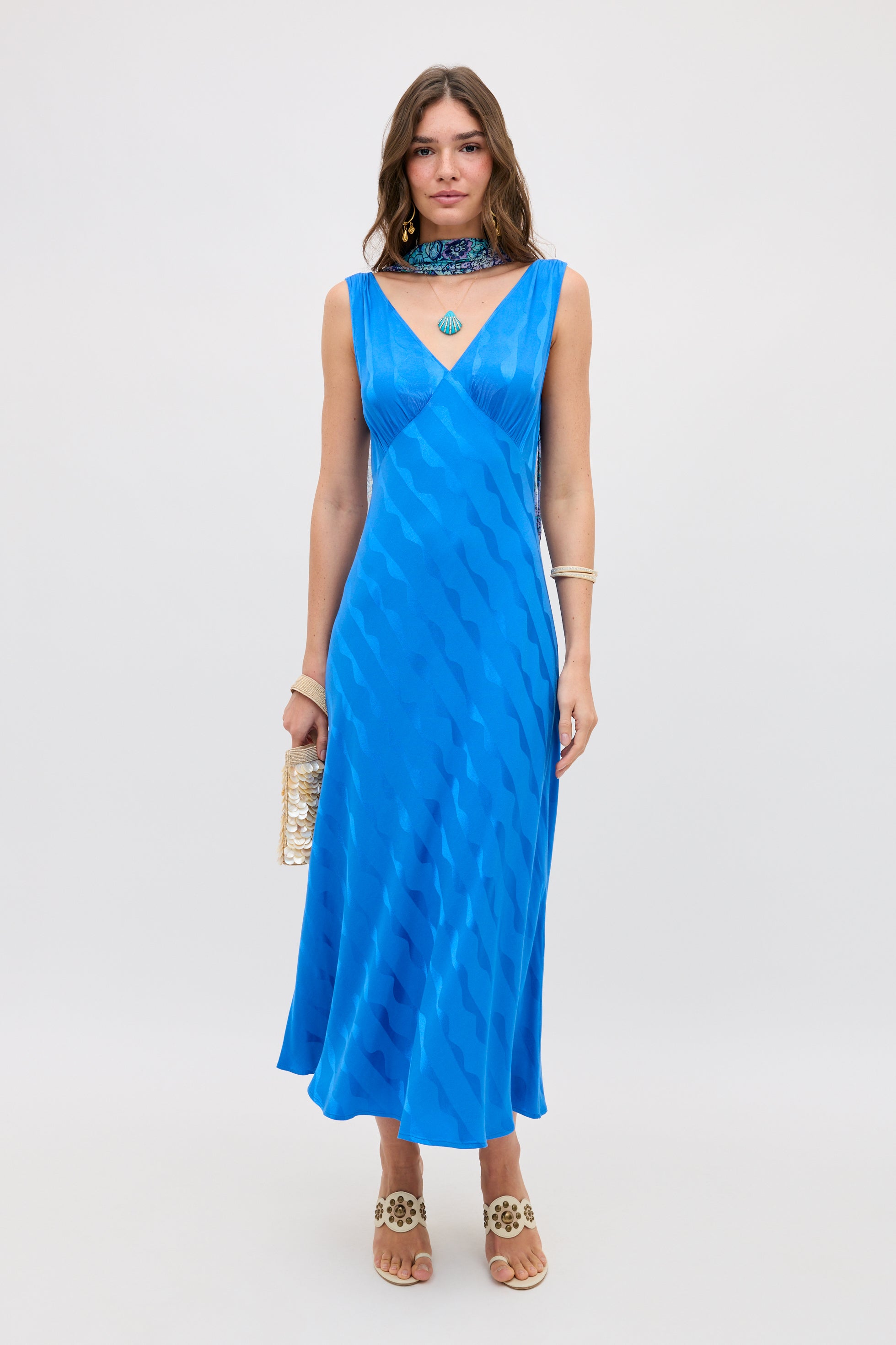 Sandrine Satin Jacquard Midi Dress in Wave Jacquard Blue | RIXO USA ⋆