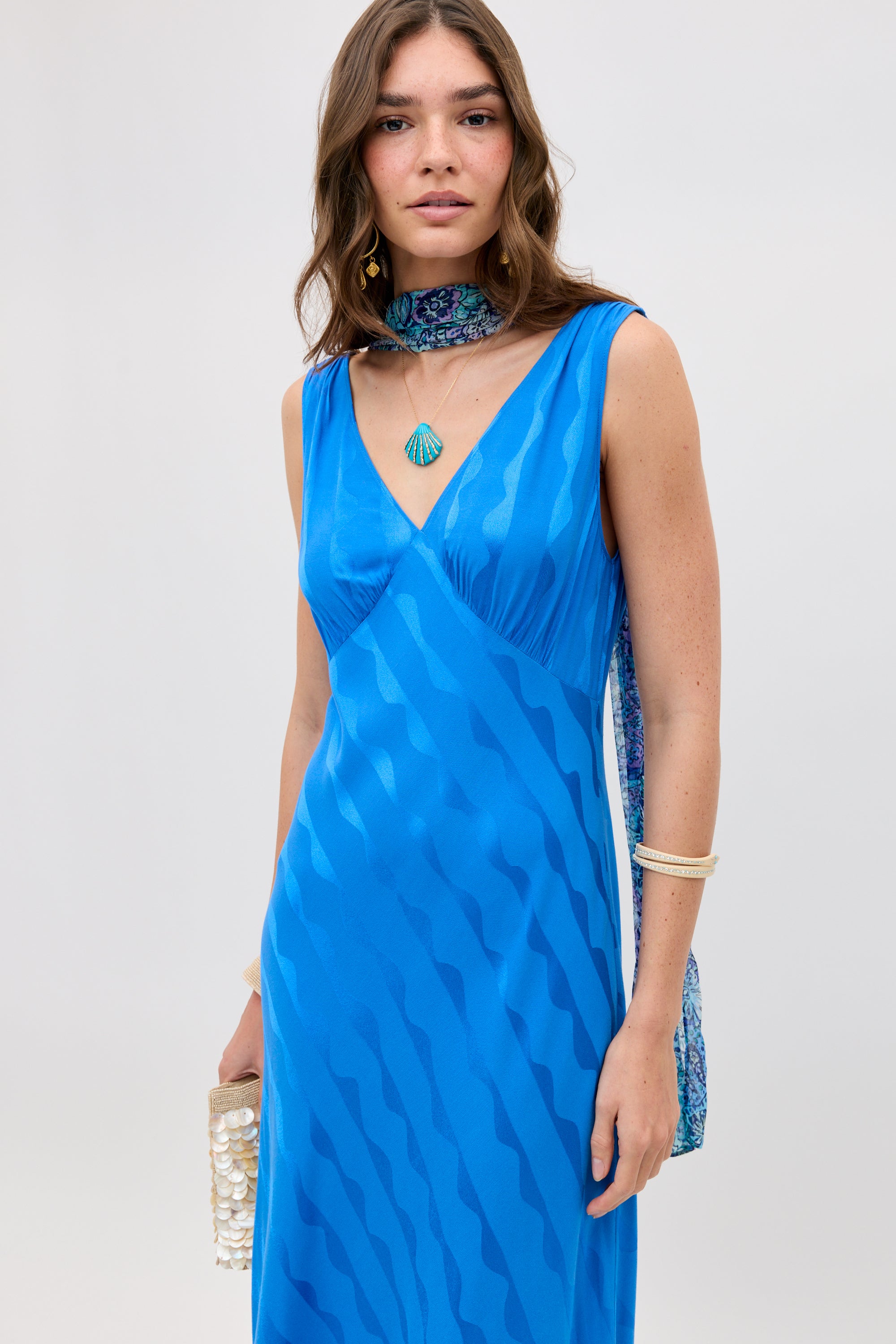 Sandrine Satin Jacquard Midi Dress in Wave Jacquard Blue | RIXO ⋆