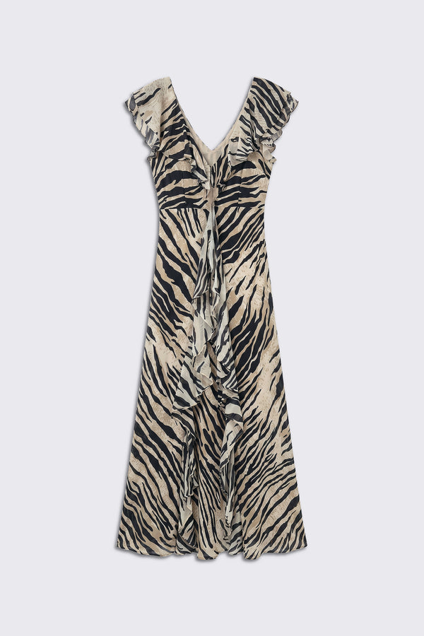 The Sofiya - Cooper Tiger Beige is a knee-length dress featuring a black and beige zebra print, ruffled cap sleeves, a V-neckline, and cascading ruffle details down the front for a flowy, lightweight look.