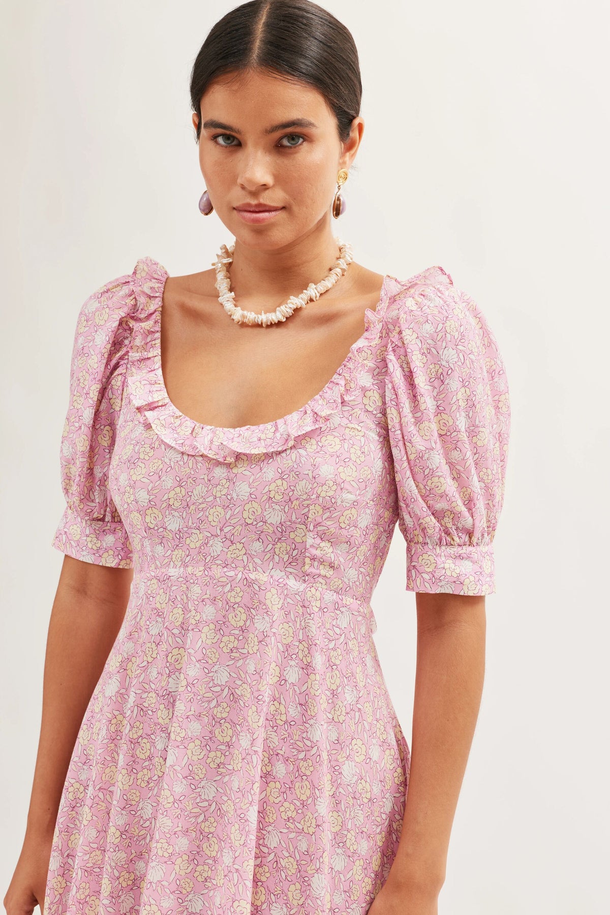 Sorana Cotton-Blend Midi Dress in Pink Shell Pansy Blush | RIXO USA Sorana Cotton-Blend Midi Dress in Pink Shell Pansy Blush | RIXO USA