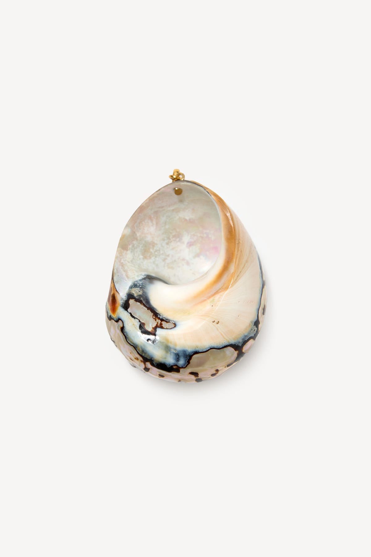 Certainly! Here’s a rewritten version of the sentence incorporating the product name: The Elira - Gold necklace features a single iridescent seashell pendant with a gold loop at the top, showcasing exquisite natural swirls of cream, beige, black, and subtle hints of blue—reminiscent of rare finds at antique fairs—set against a plain white background.