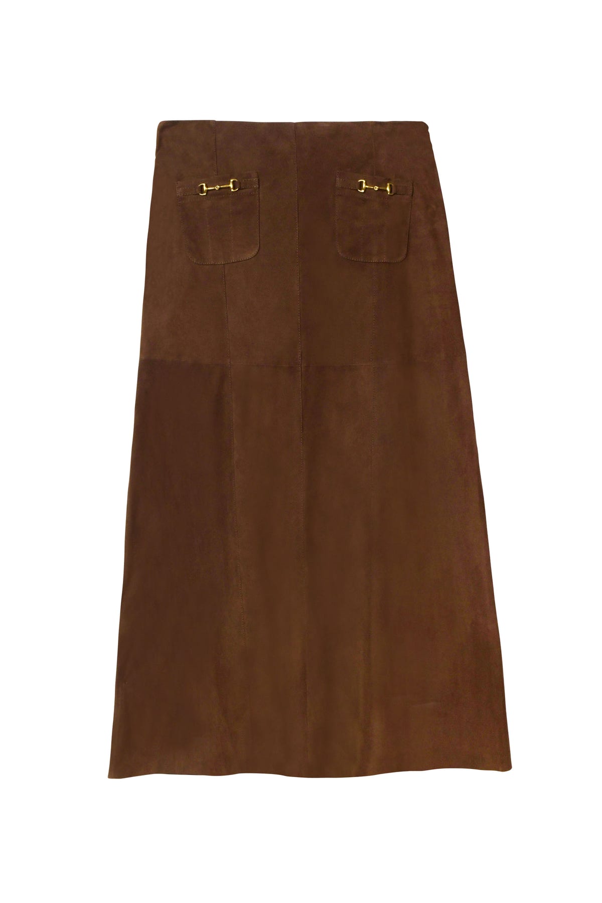The Edwina - Brown is a vintage-inspired suede midi skirt in brown, designed with a high-waisted A-line silhouette and two front patch pockets, each accented by a small gold buckle. The simple design features no visible fasteners.