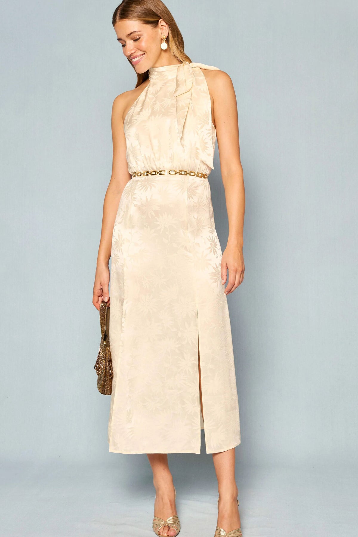 champagne silk dress midi Italian Summer Tie Neck Midi Dress Champagne